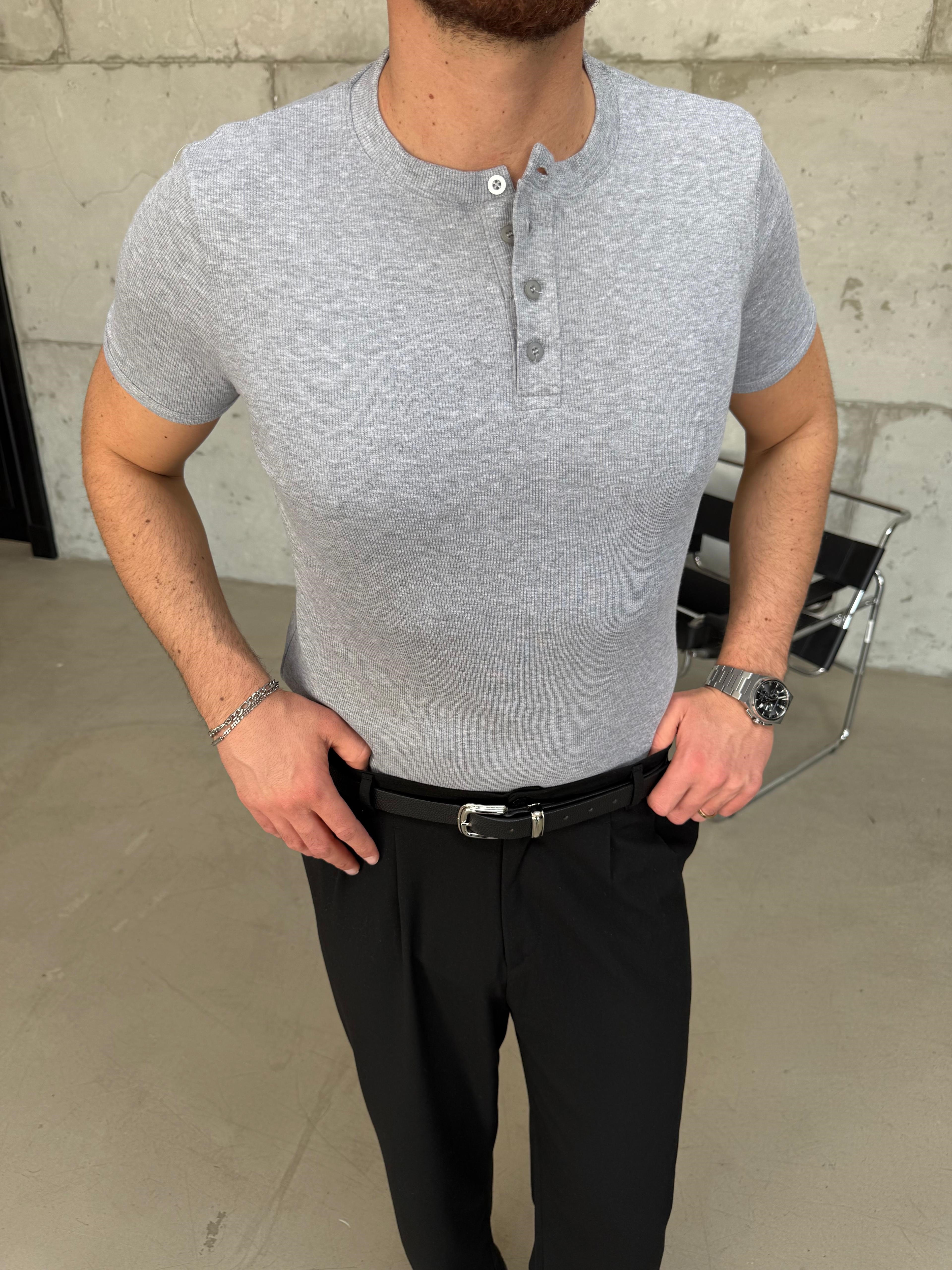 Gri Henley Yaka Slimfit Fitilli T-Shirt