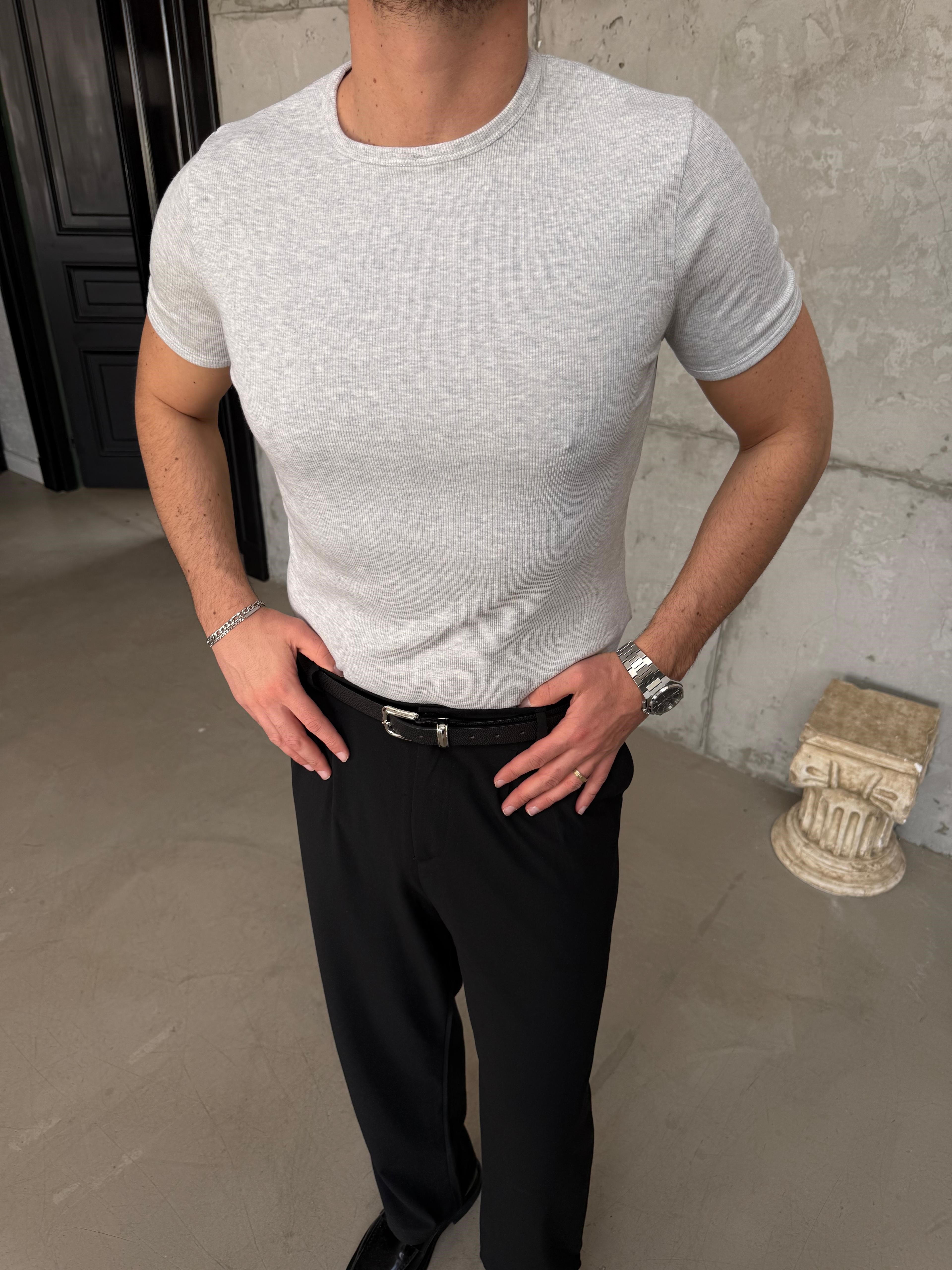 Gri İnce Fitilli Slim Bisiklet Yaka T-Shirt