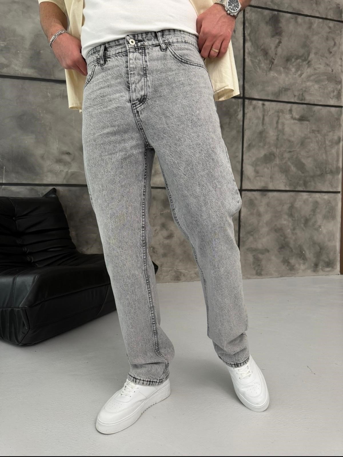 Gri Yıkamalı Baggy Jean