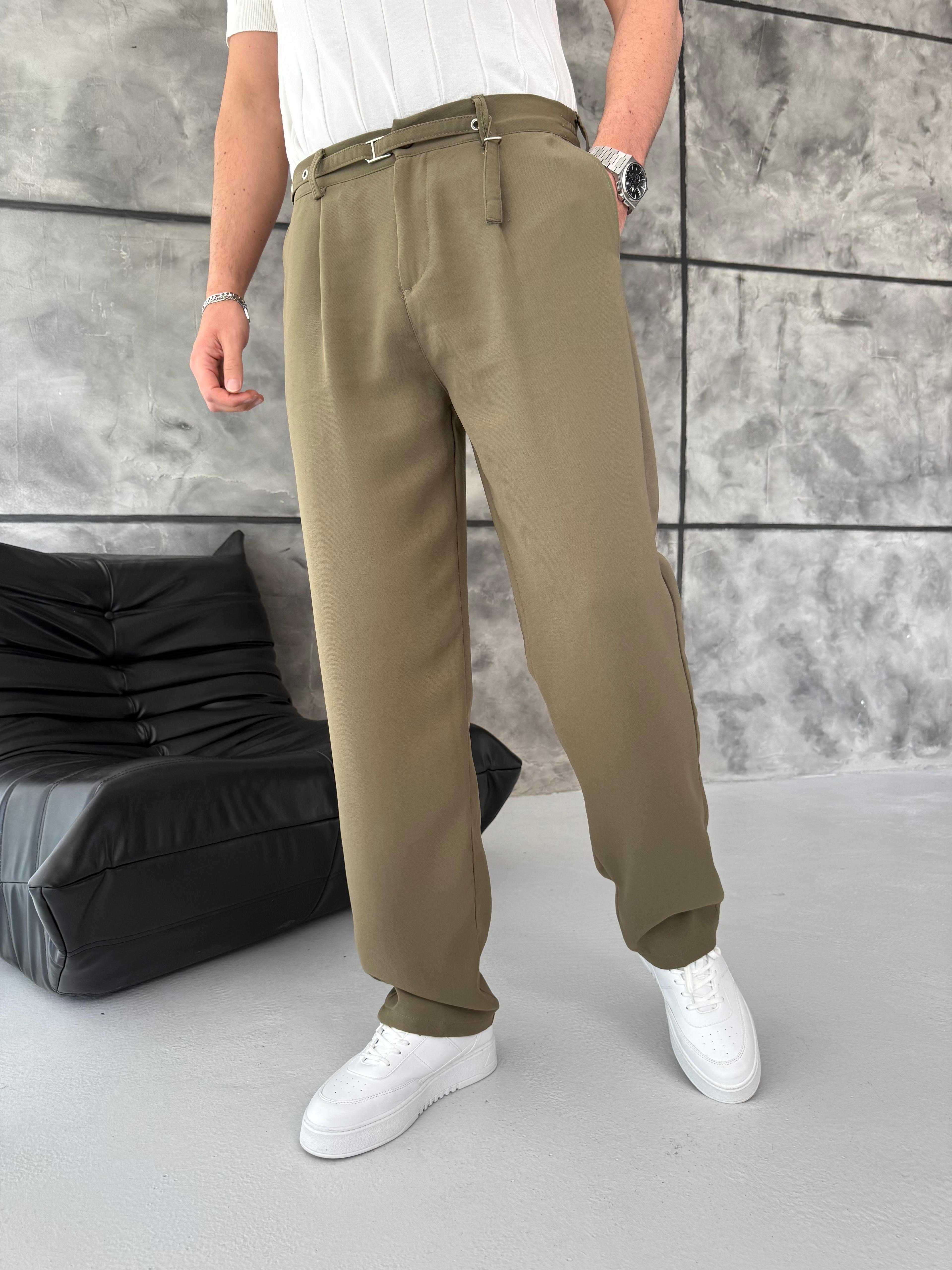 Haki Premium Kemer Detaylı Pantolon
