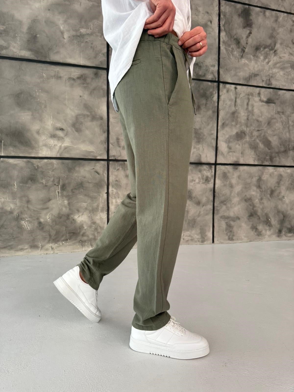 Haki Regular Fit Keten Pantolon