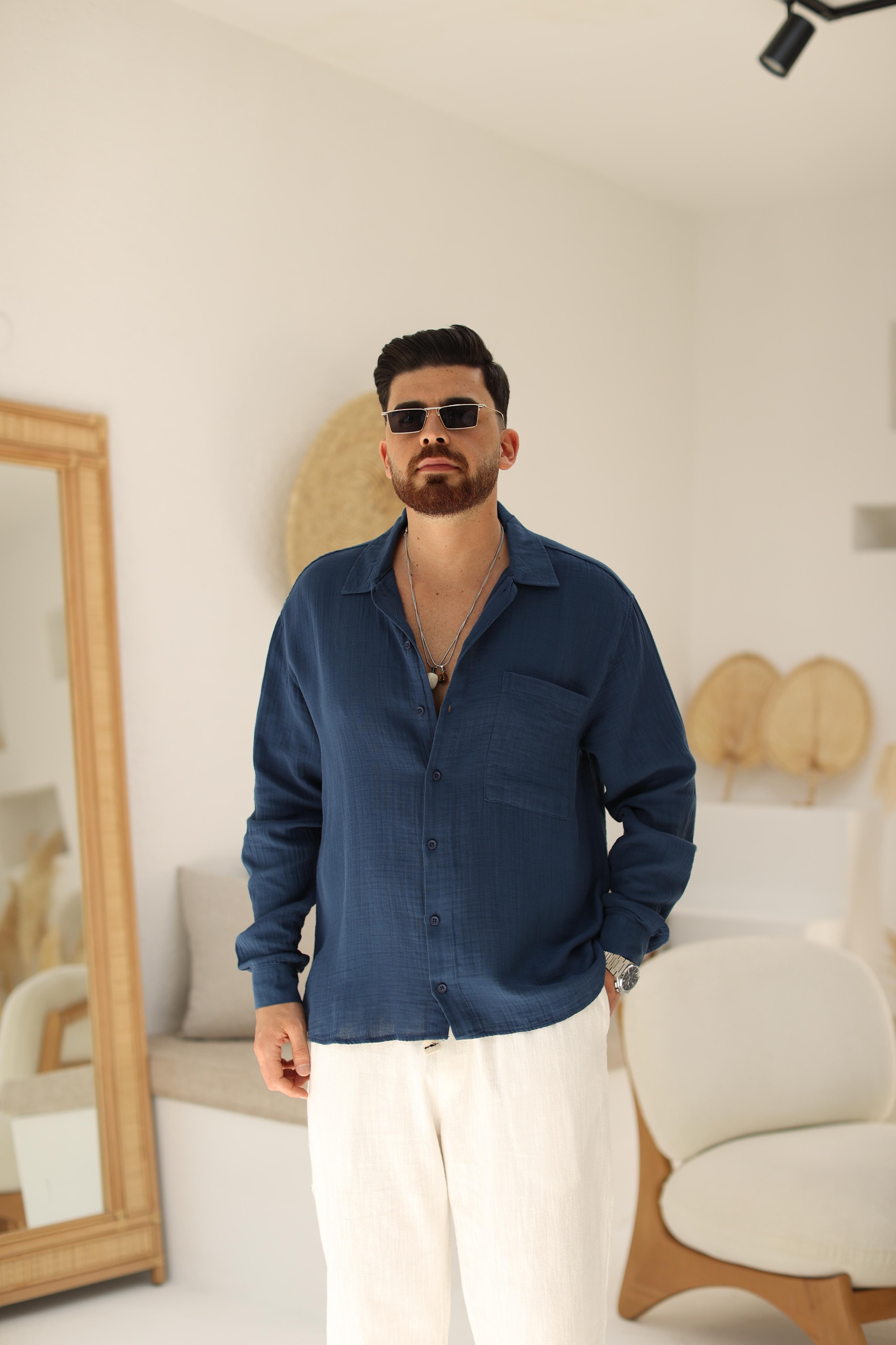 İndigo Muslin Kumaş Gömlek