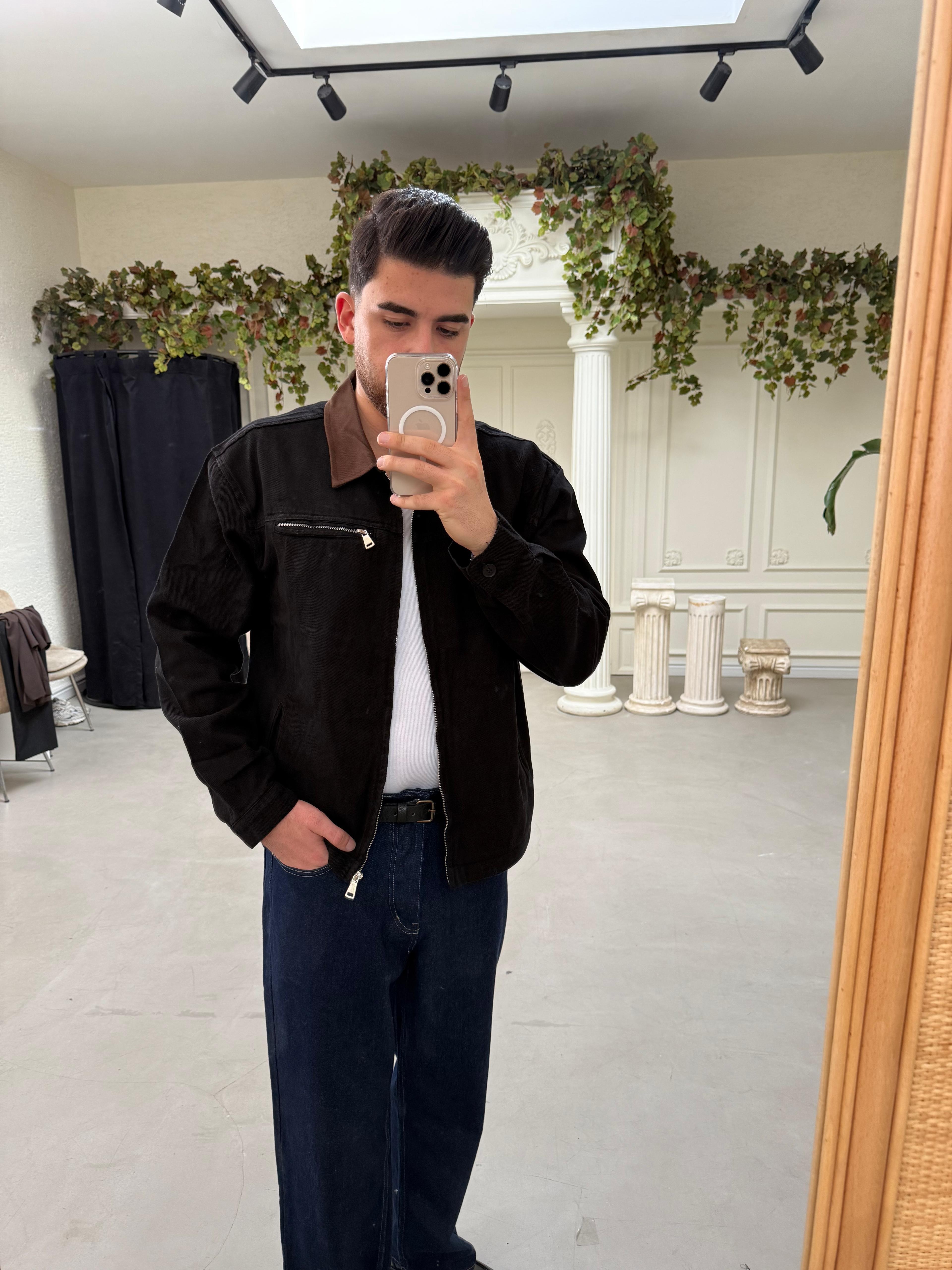 Kadife Yaka Siyah Denim Ceket