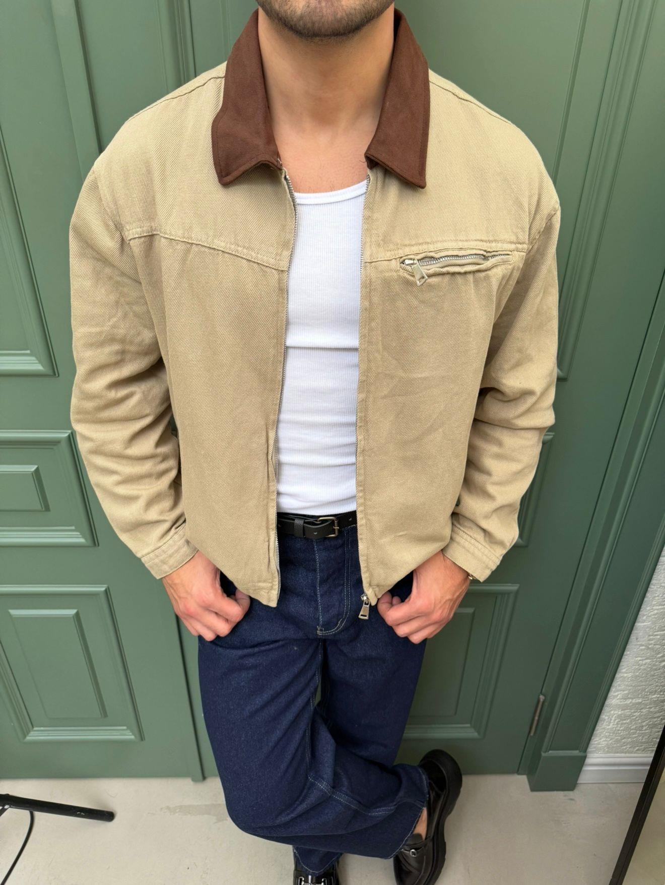 Kadife Yaka Yeşil Denim Ceket