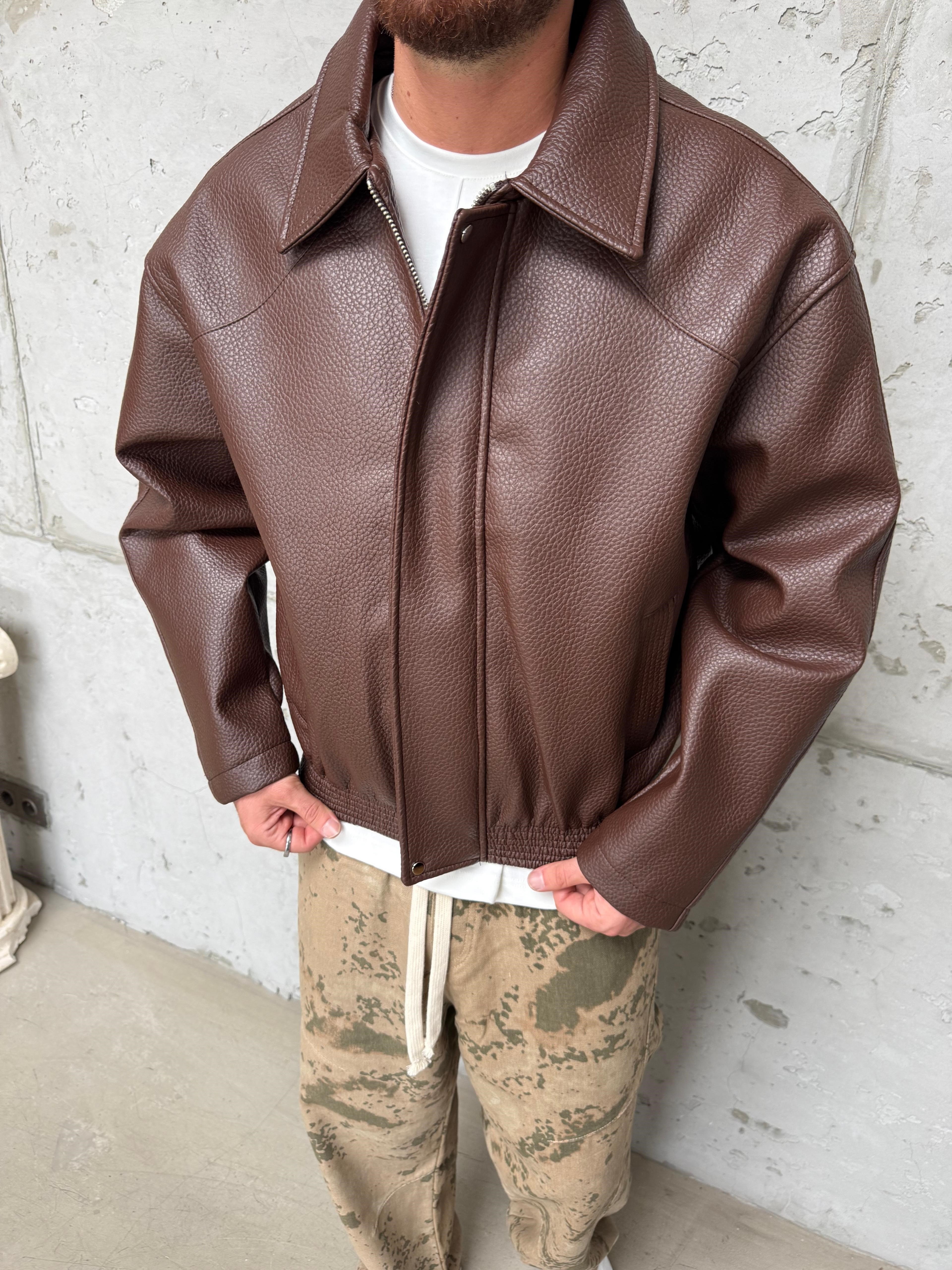Kahve Oversize Retro Deri Ceket