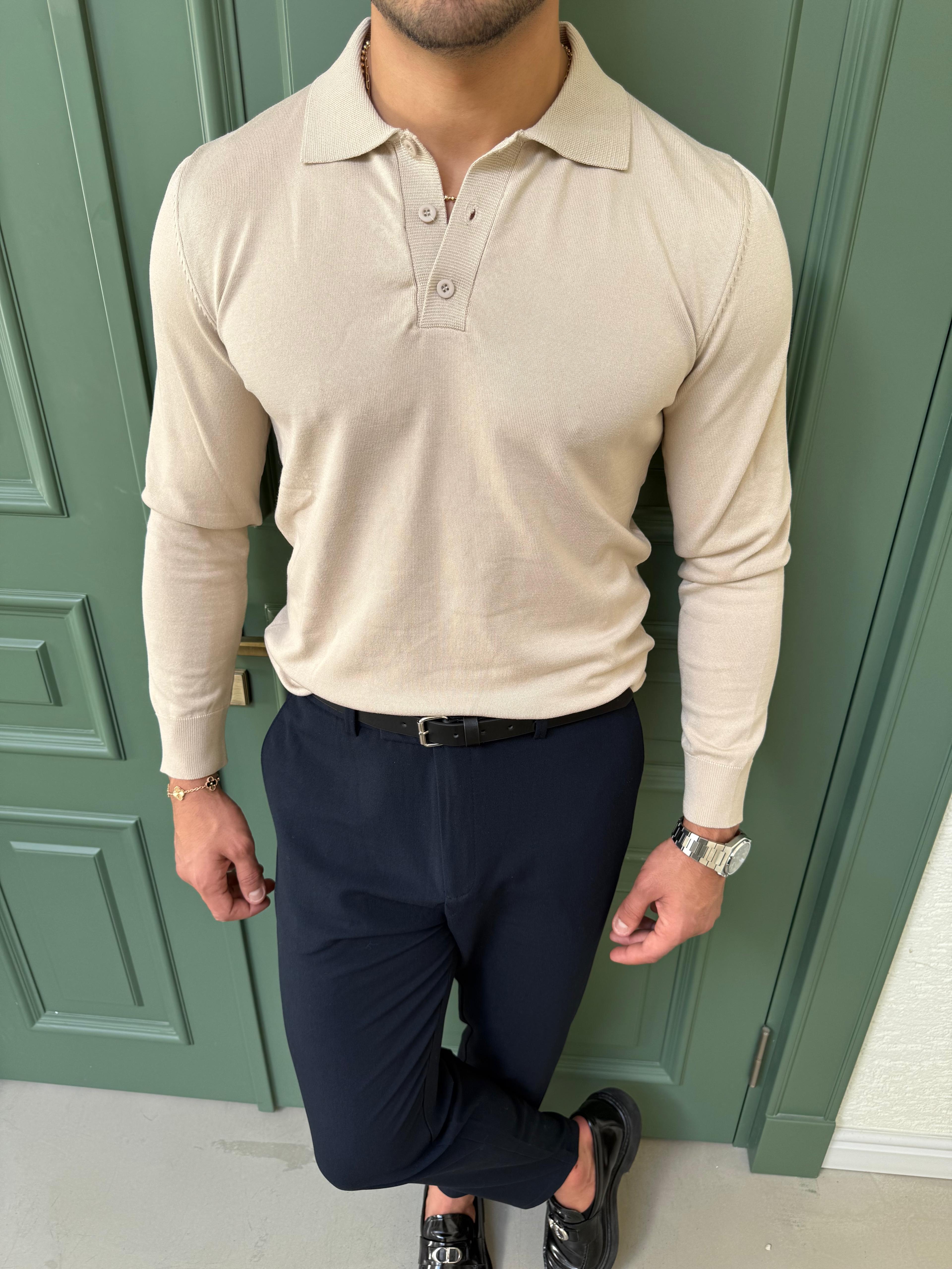Krem Basic Polo Yaka Triko