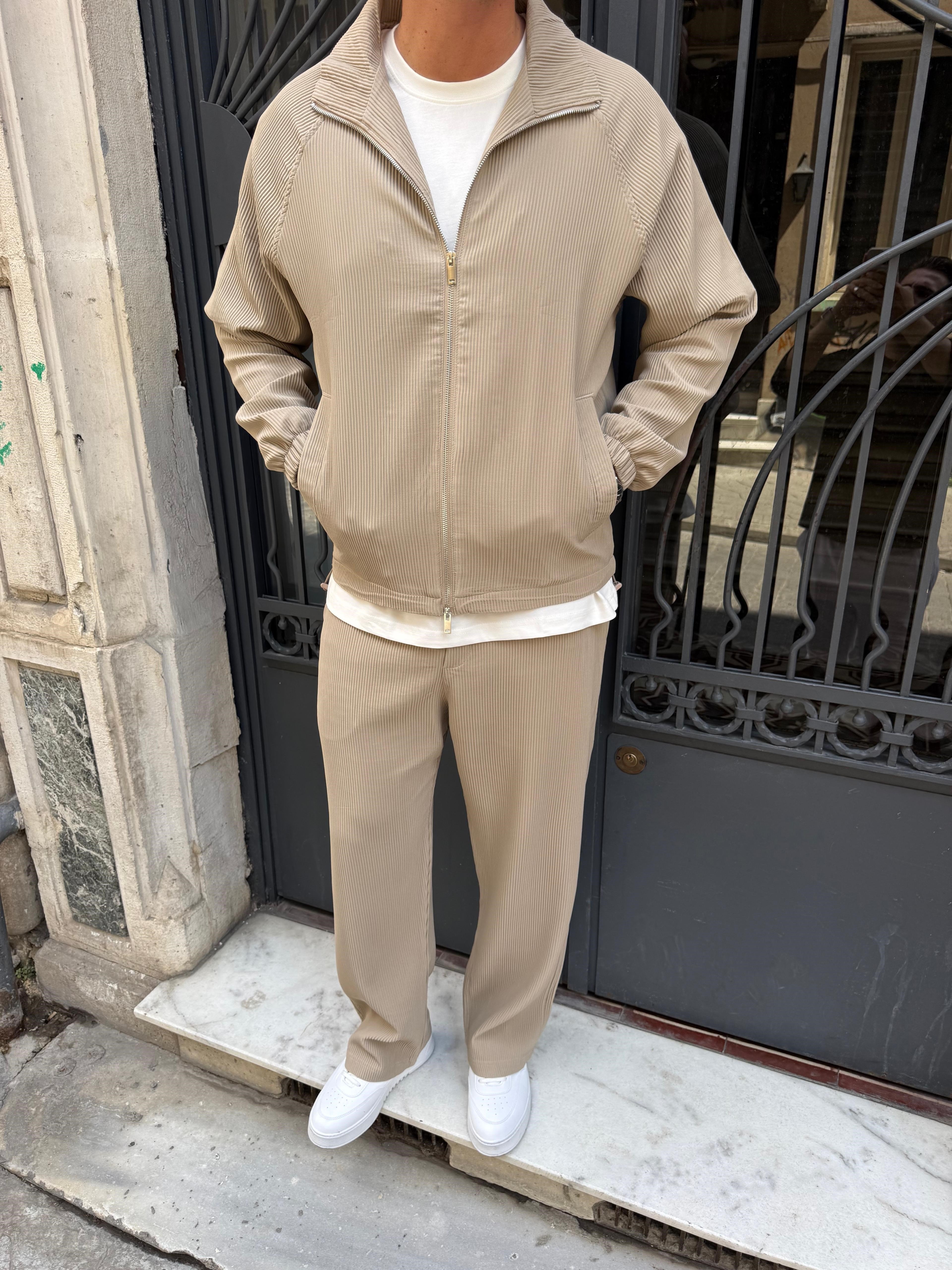 Krem Oversize Fitilli Ceket Pantolon