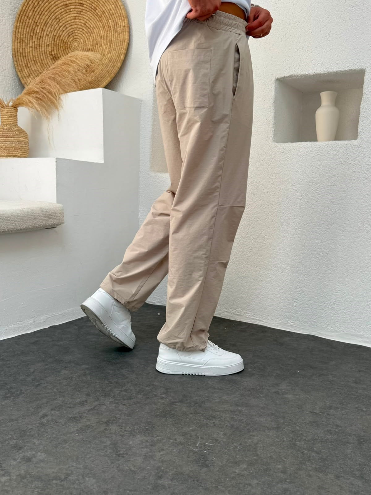 Krem Paraşüt Kumaş Pantolon Paçası Ayarlanabilir