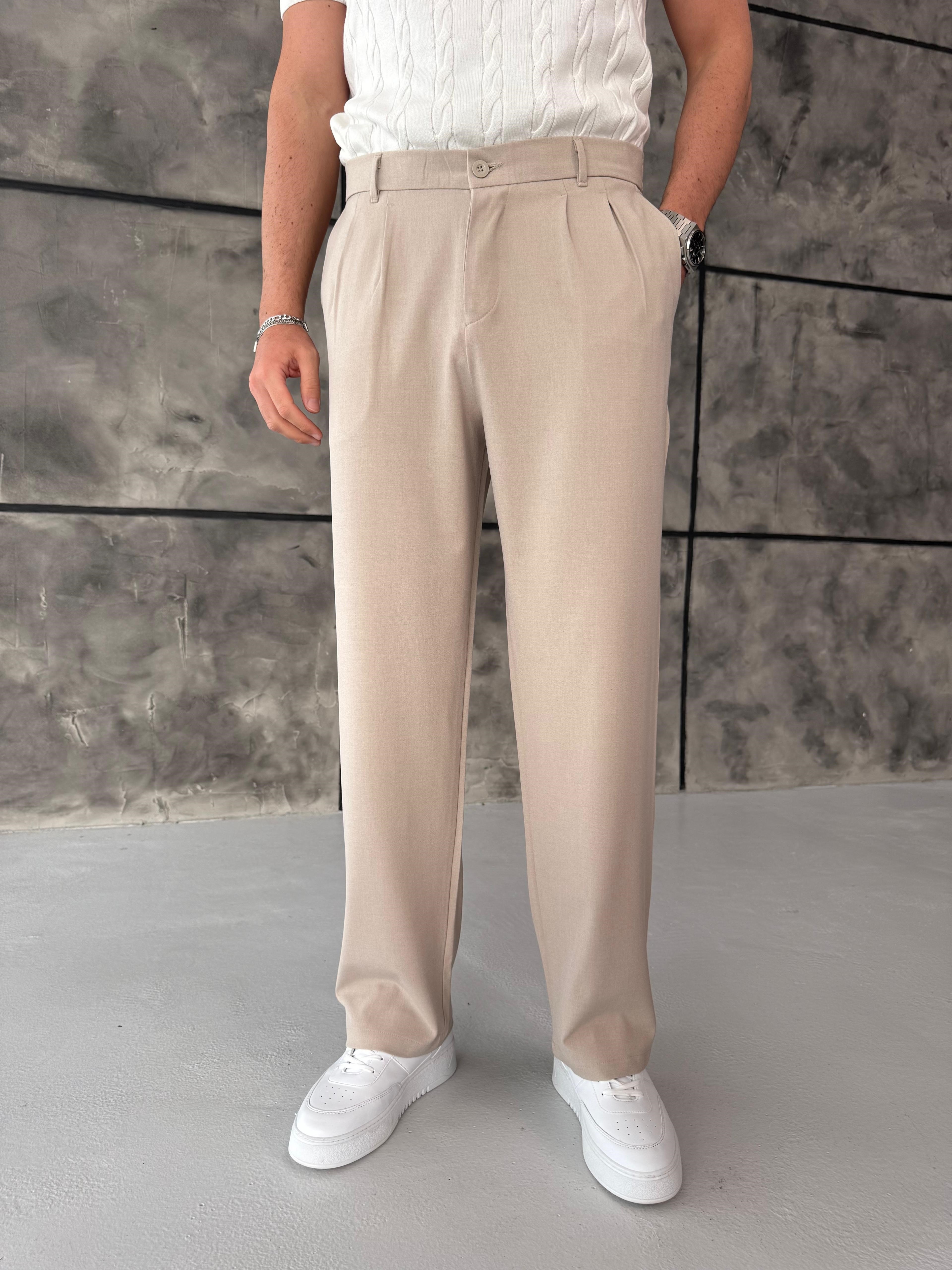 Krem Pileli Baggy Kumaş Pantolon