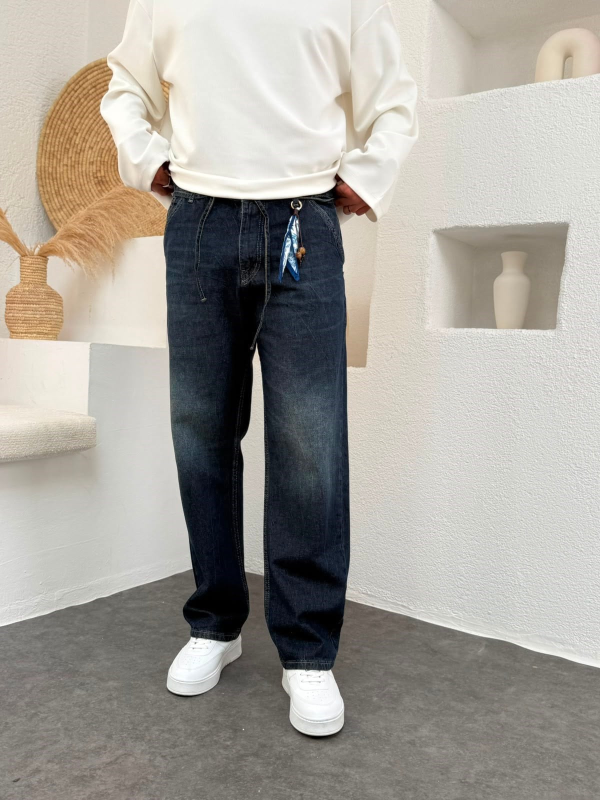 Lacivert Eskitme Baggy Jean