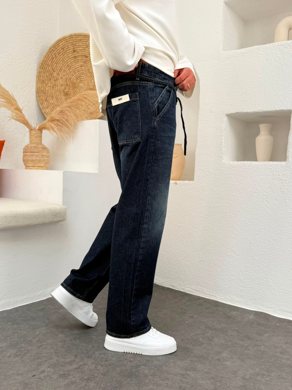 Lacivert Eskitme Baggy Jean