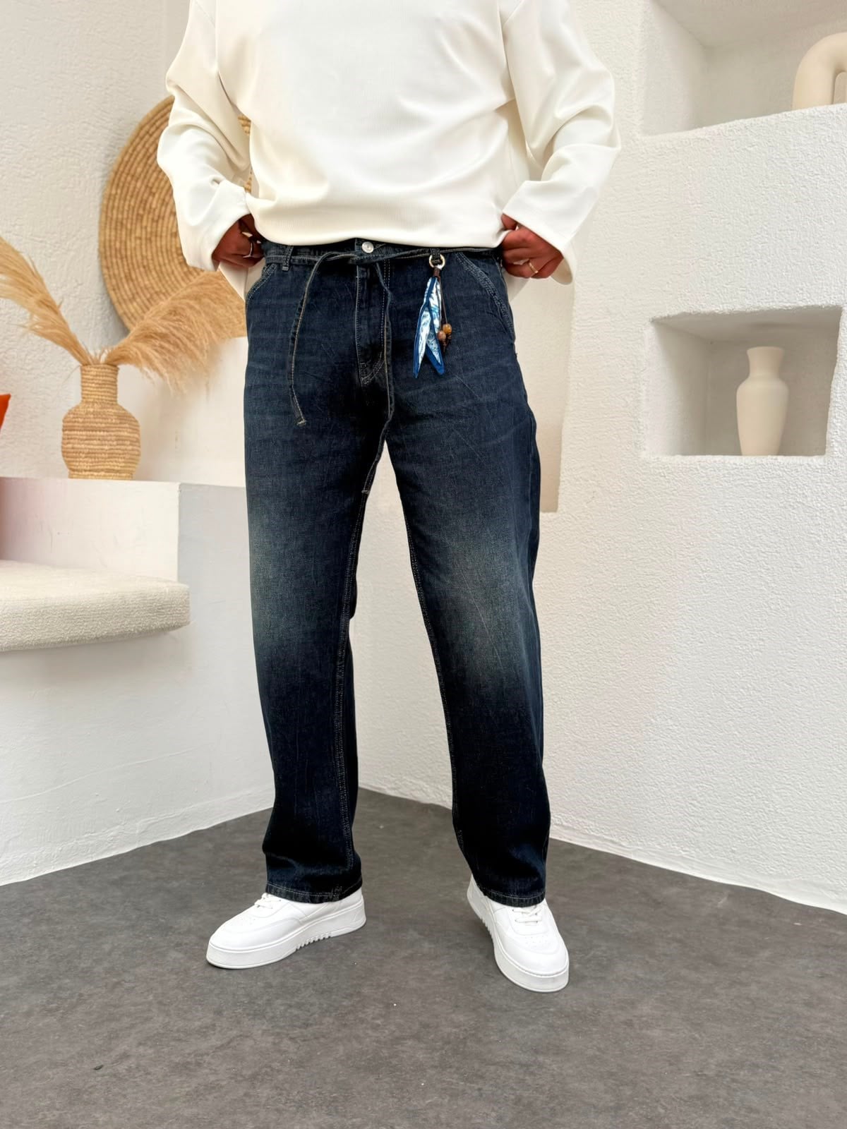 Lacivert Eskitme Baggy Jean