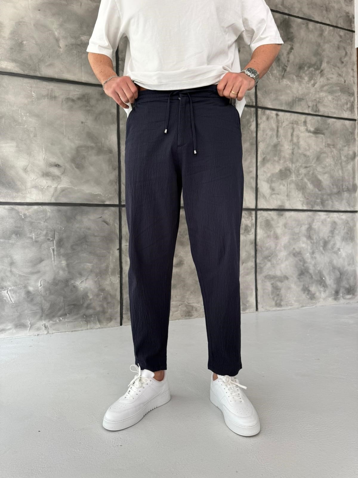 Lacivert Gofre Kumaş Boyfriend Jogger