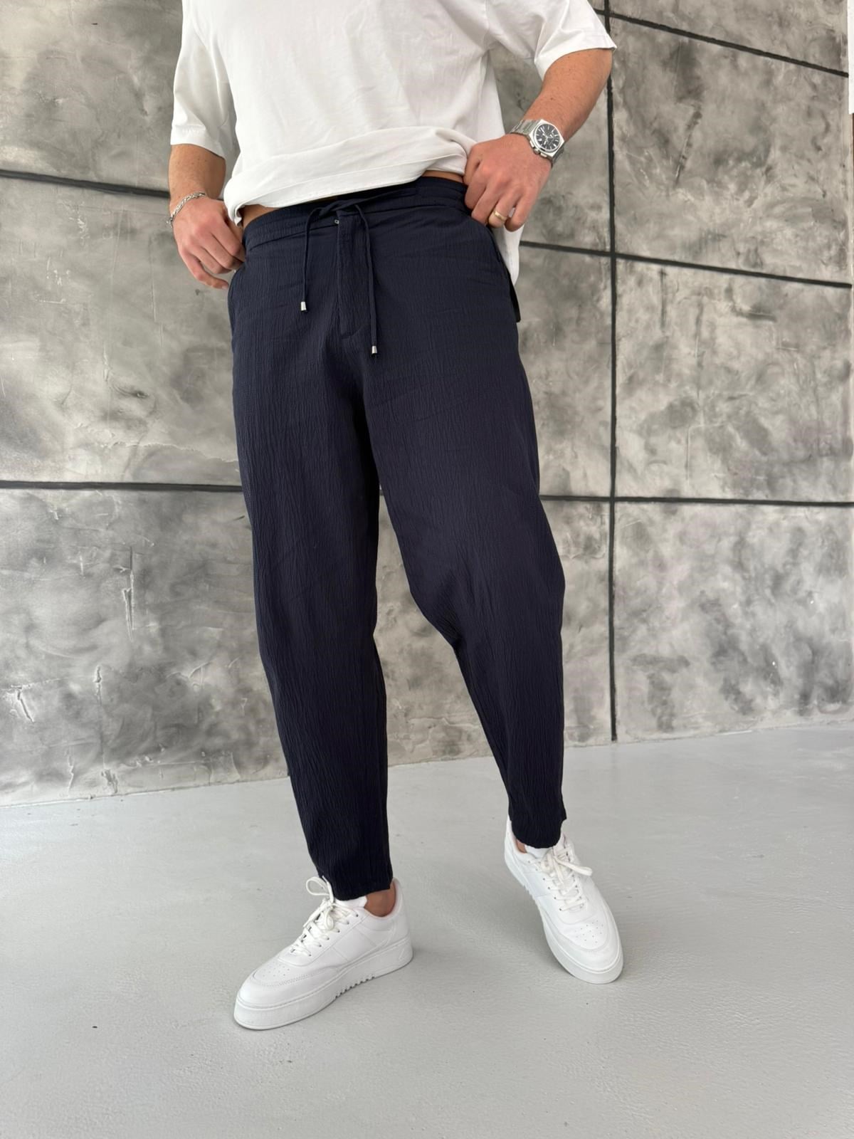 Lacivert Gofre Kumaş Boyfriend Jogger