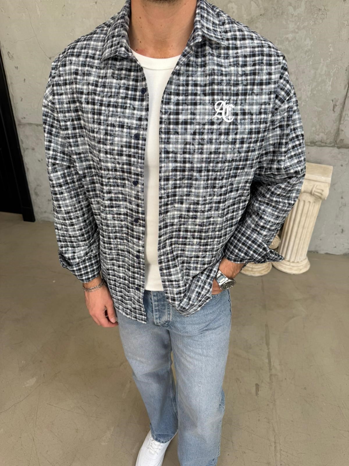 Lacivert Yıkamalı Oversize Gömlek