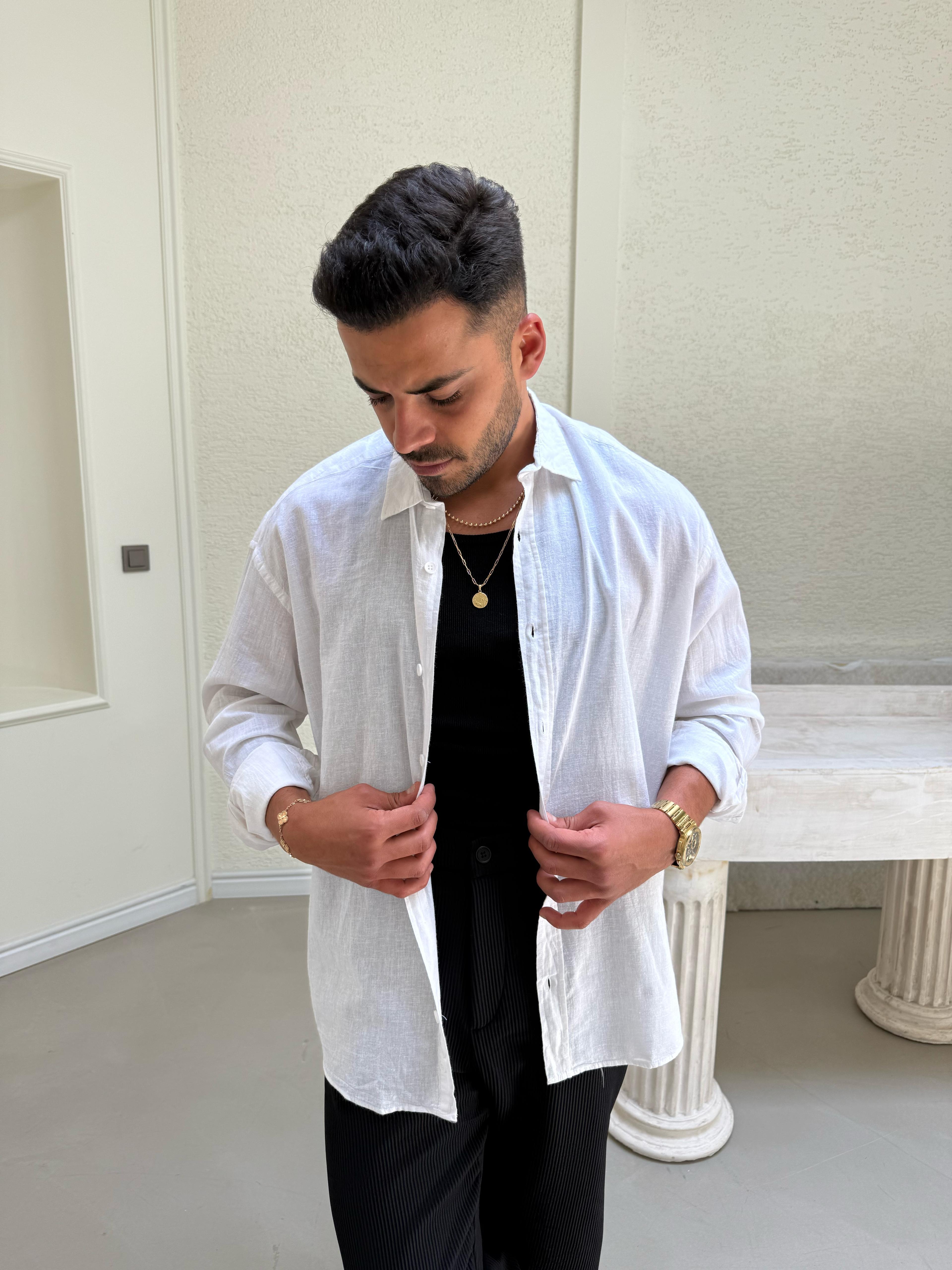 Oversize Keten Gömlek Beyaz