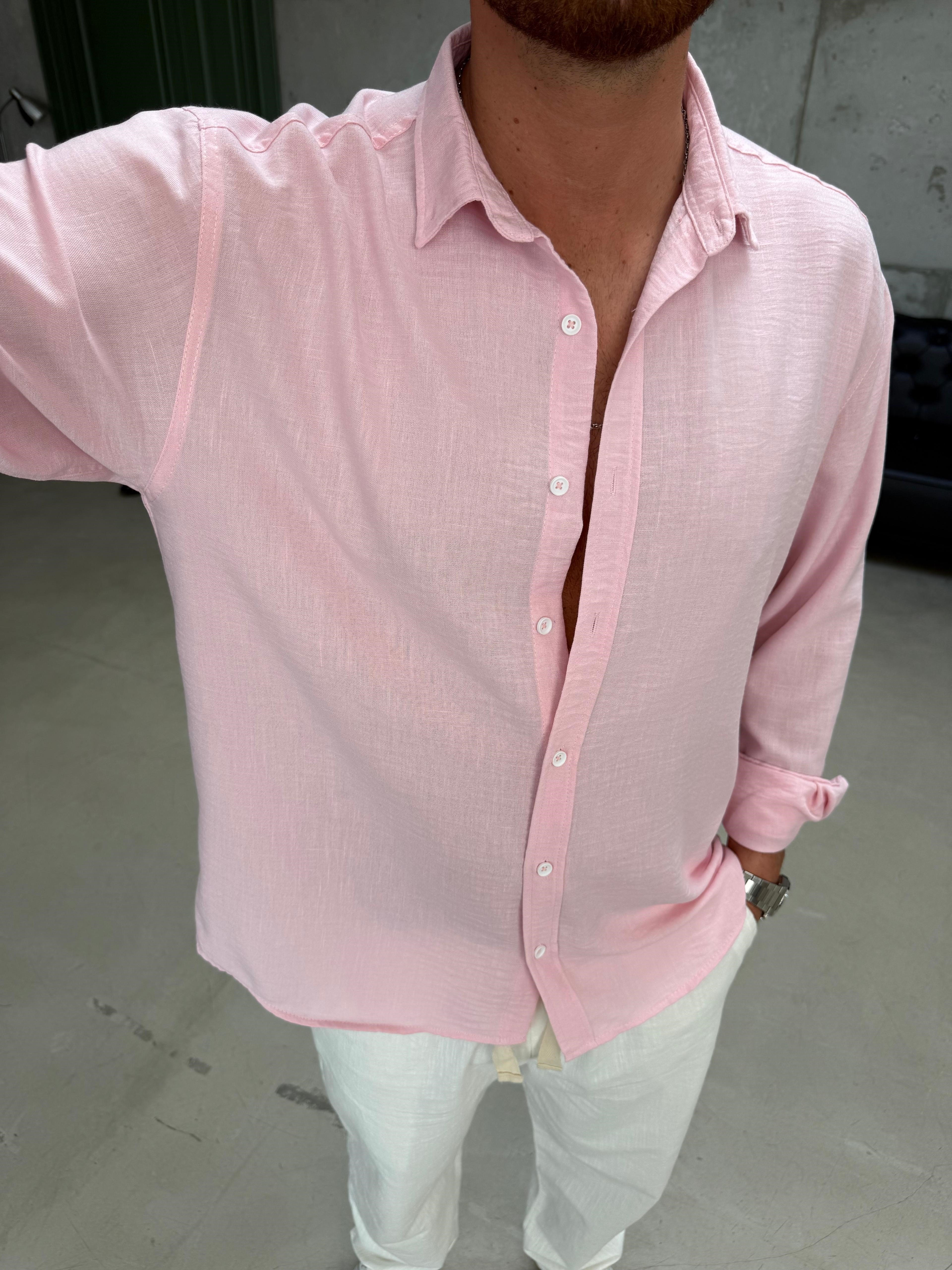 Pembe Gobiş Keten Gömlek