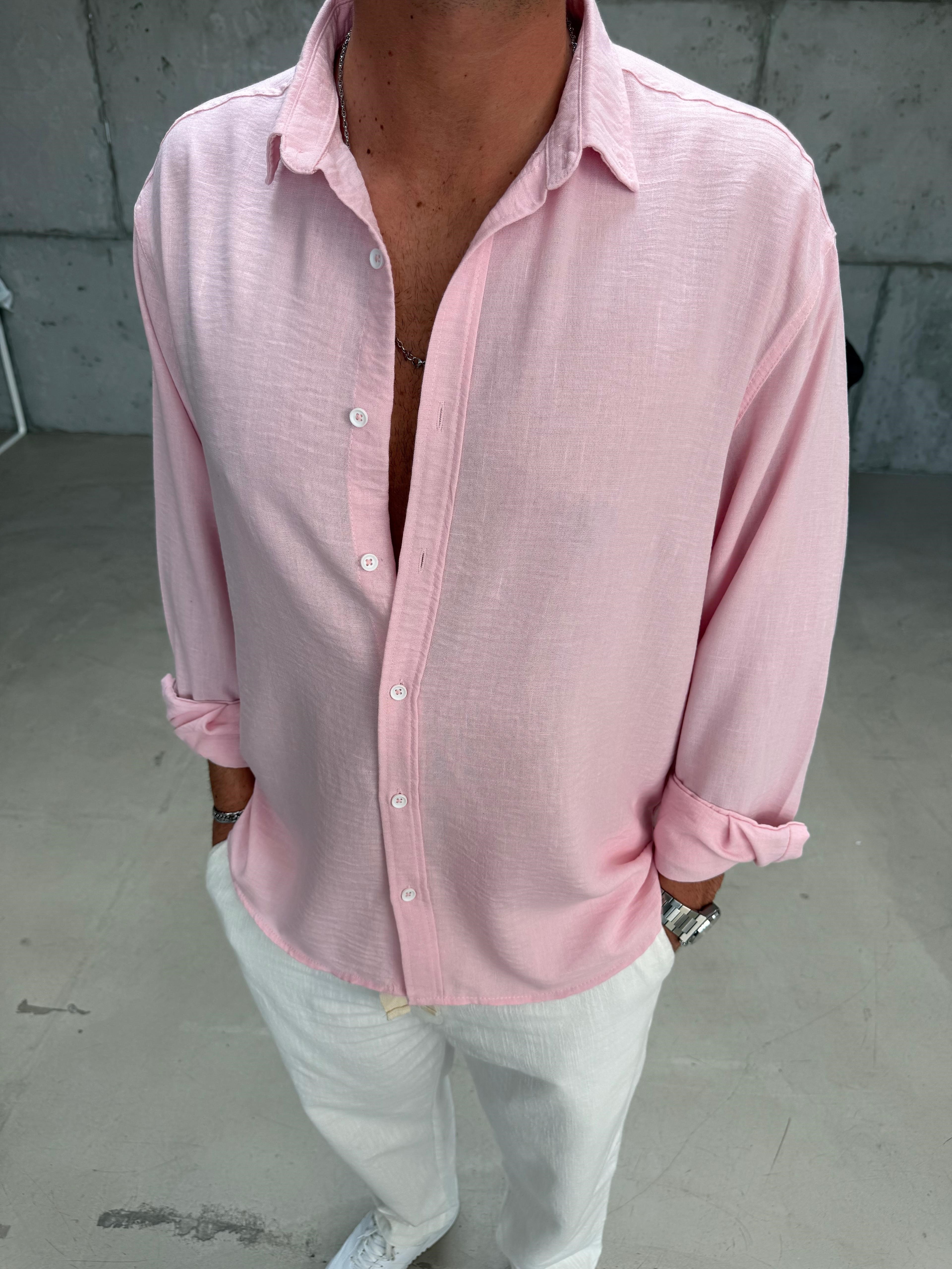 Pembe Gobiş Keten Gömlek