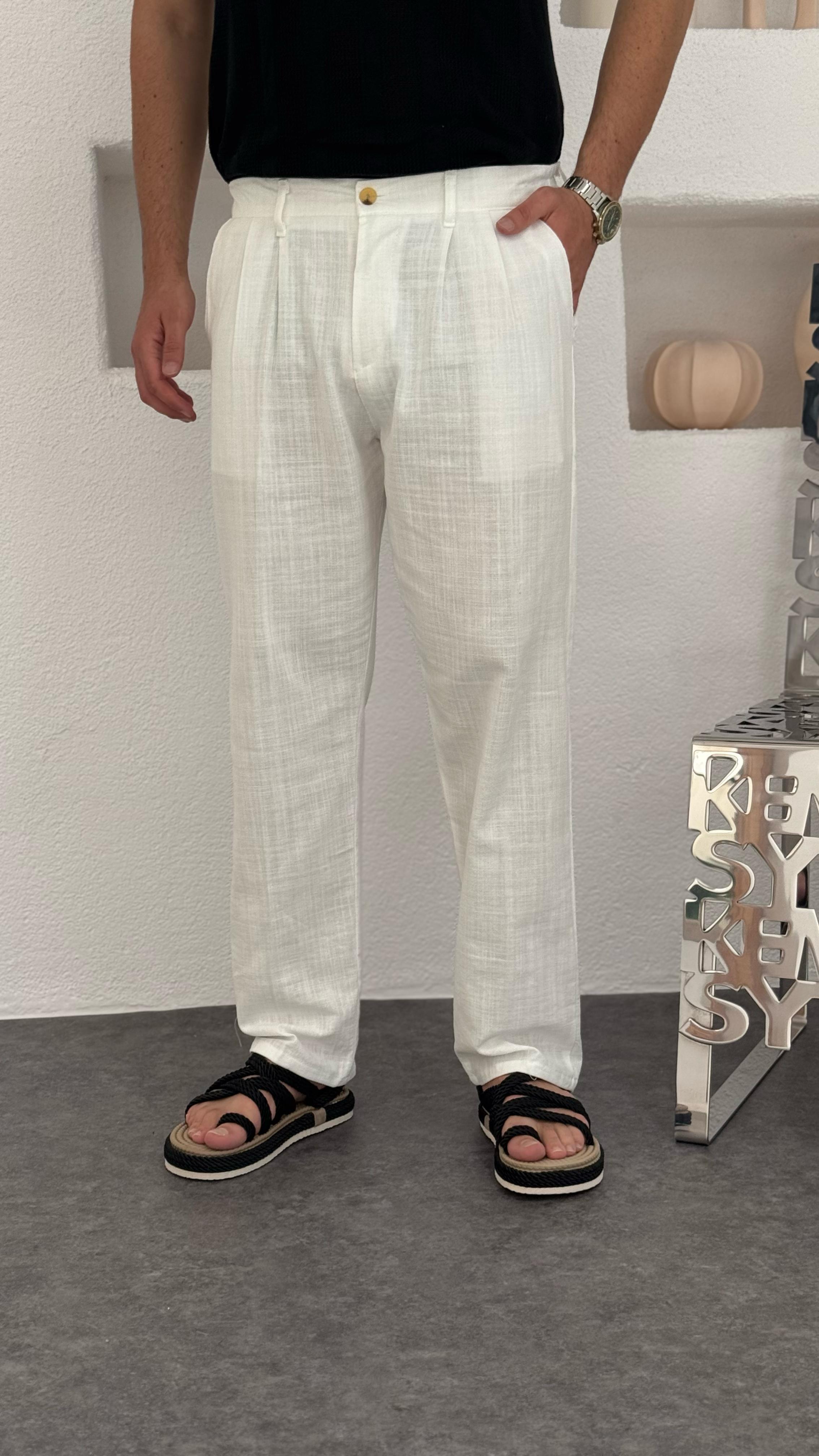 Pileli Baggy Keten Pantolon Beyaz