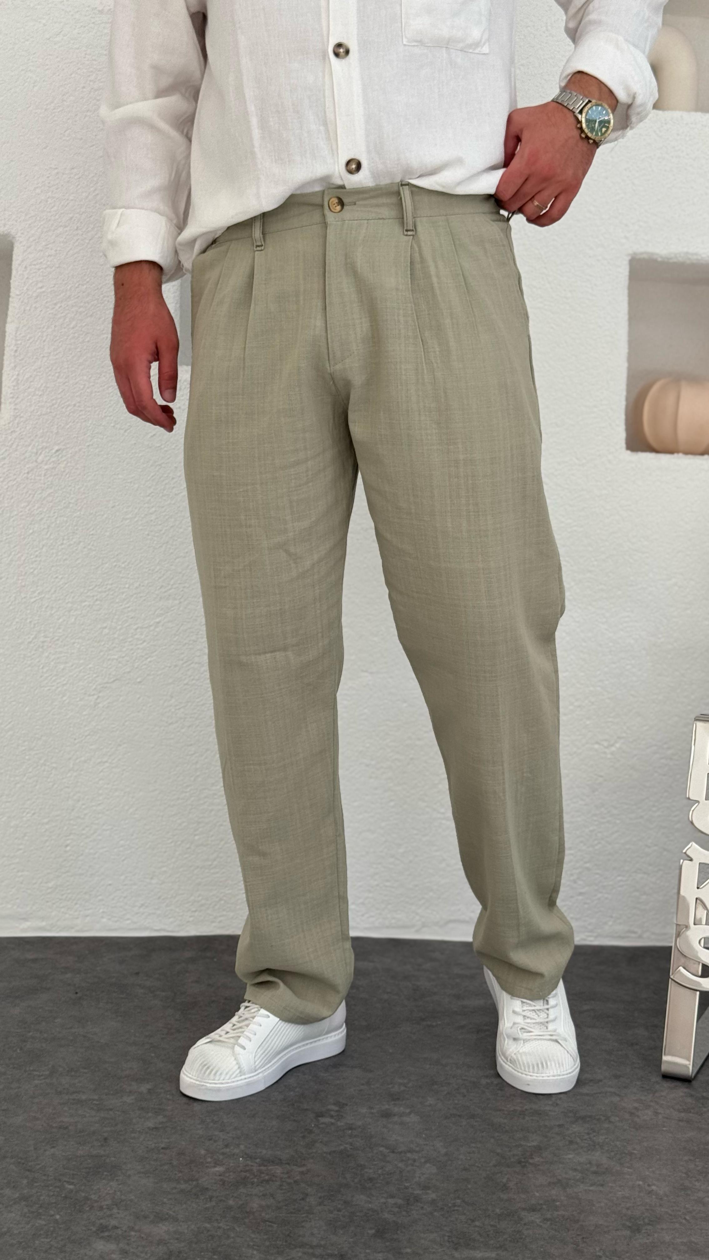 Pileli Baggy Keten Pantolon Yeşil