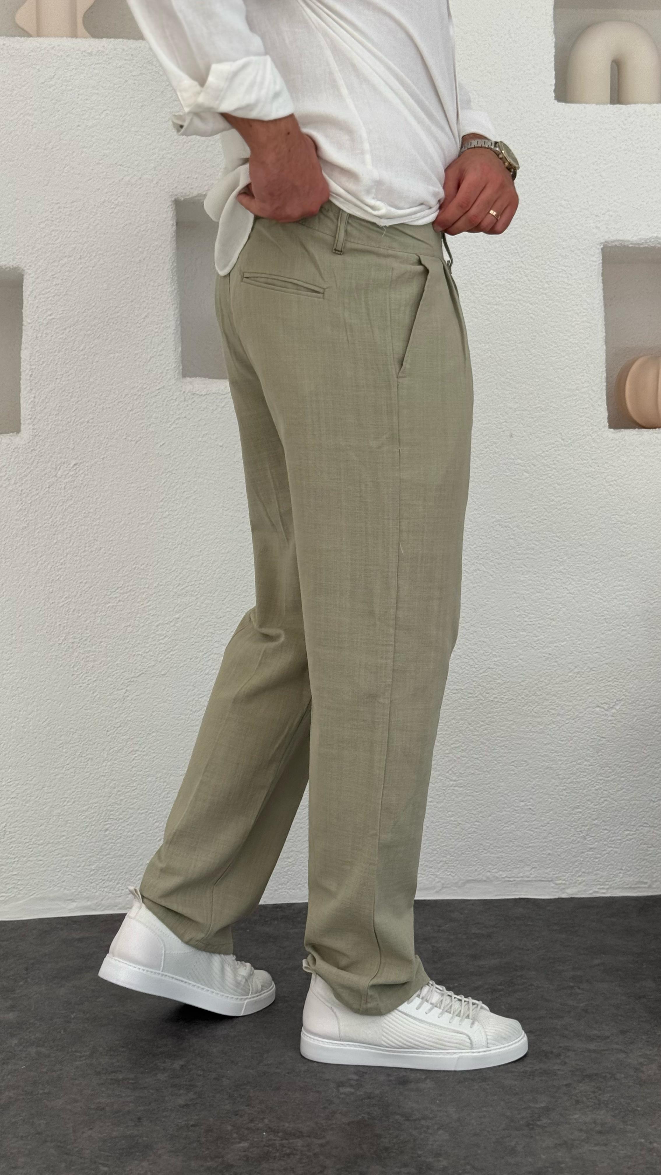 Pileli Baggy Keten Pantolon Yeşil