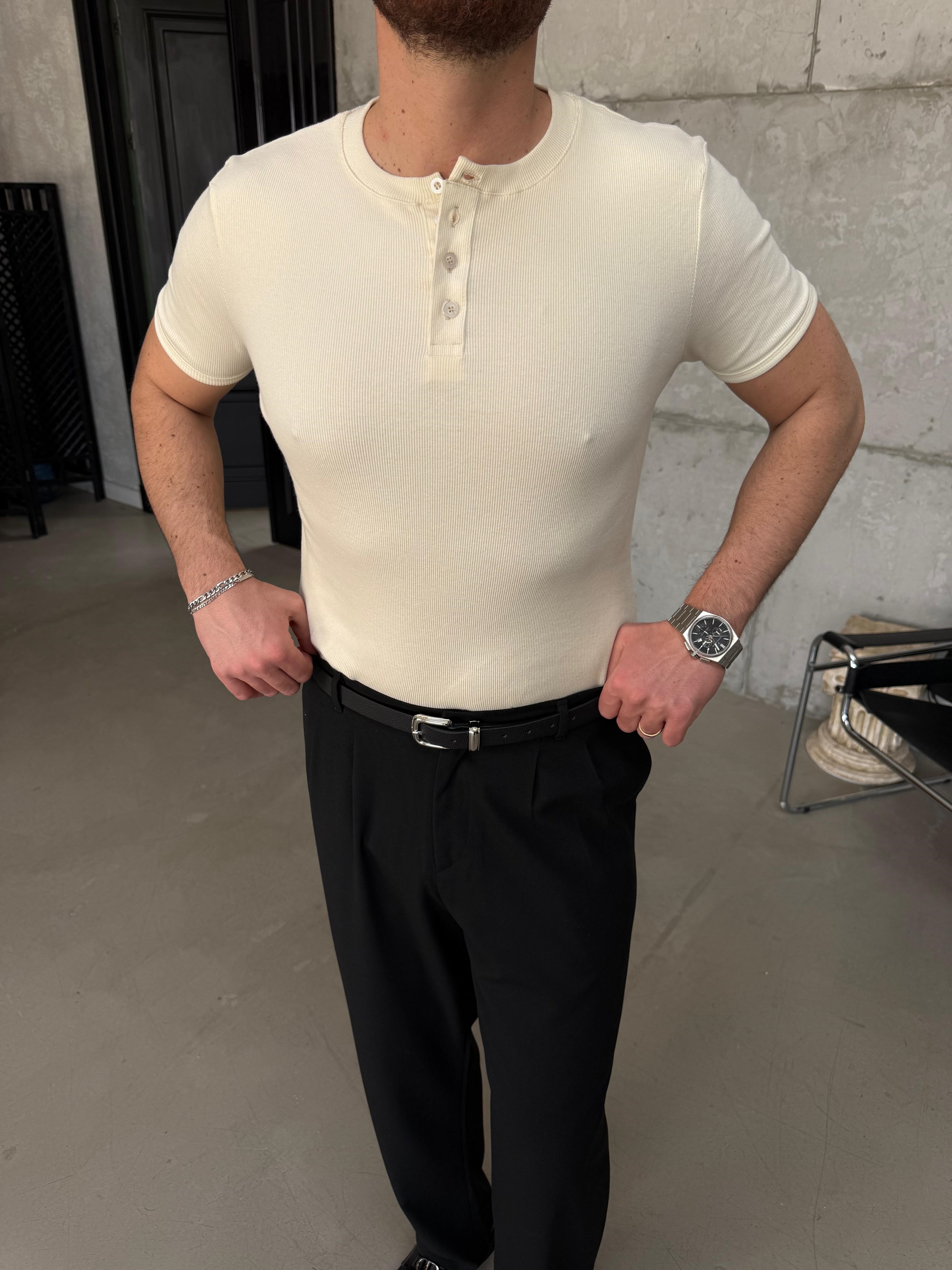 Sarı Henley Yaka Slimfit Fitilli T-Shirt