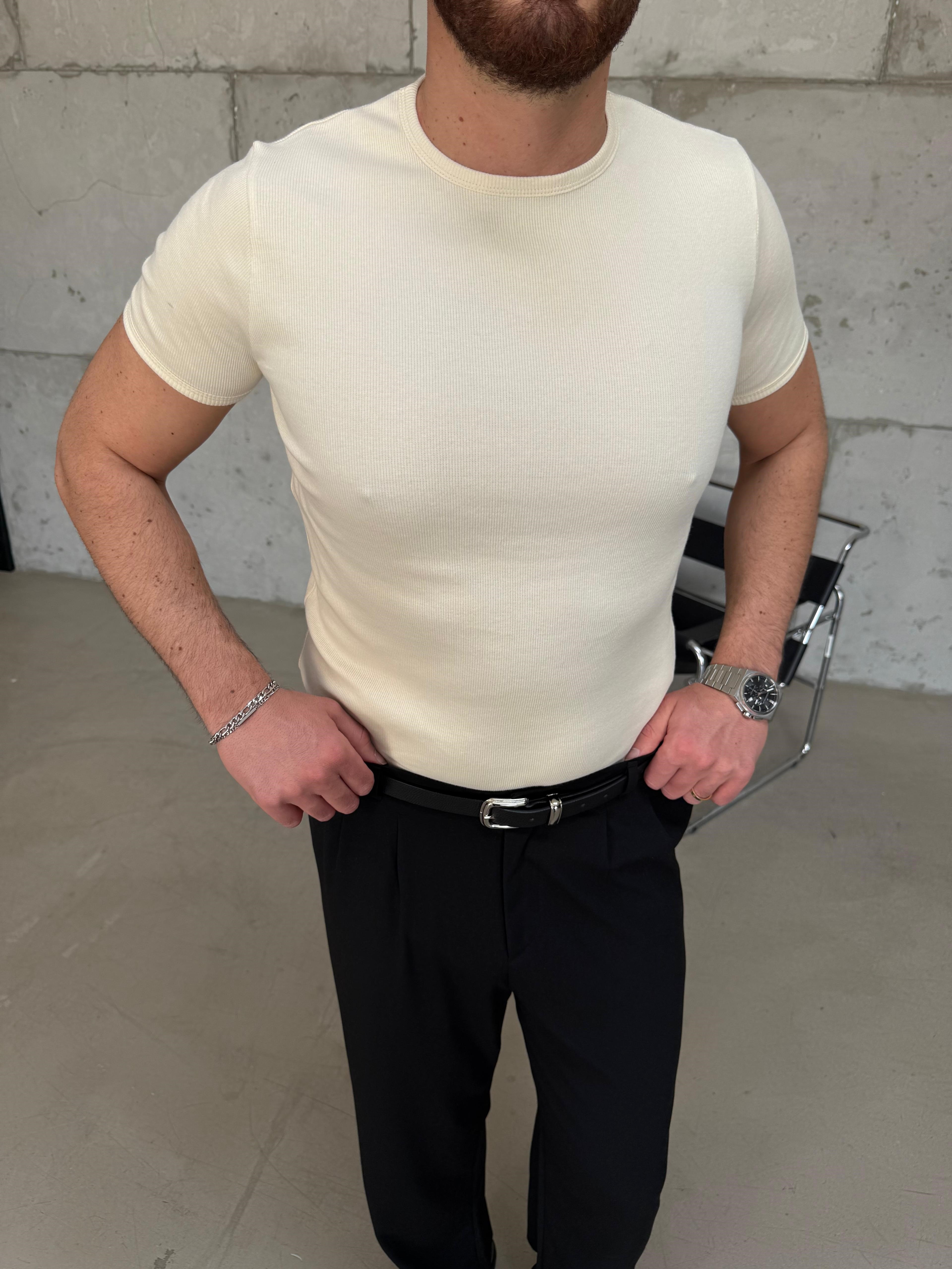 Sarı İnce Fitilli Slim Bisiklet Yaka T-Shirt