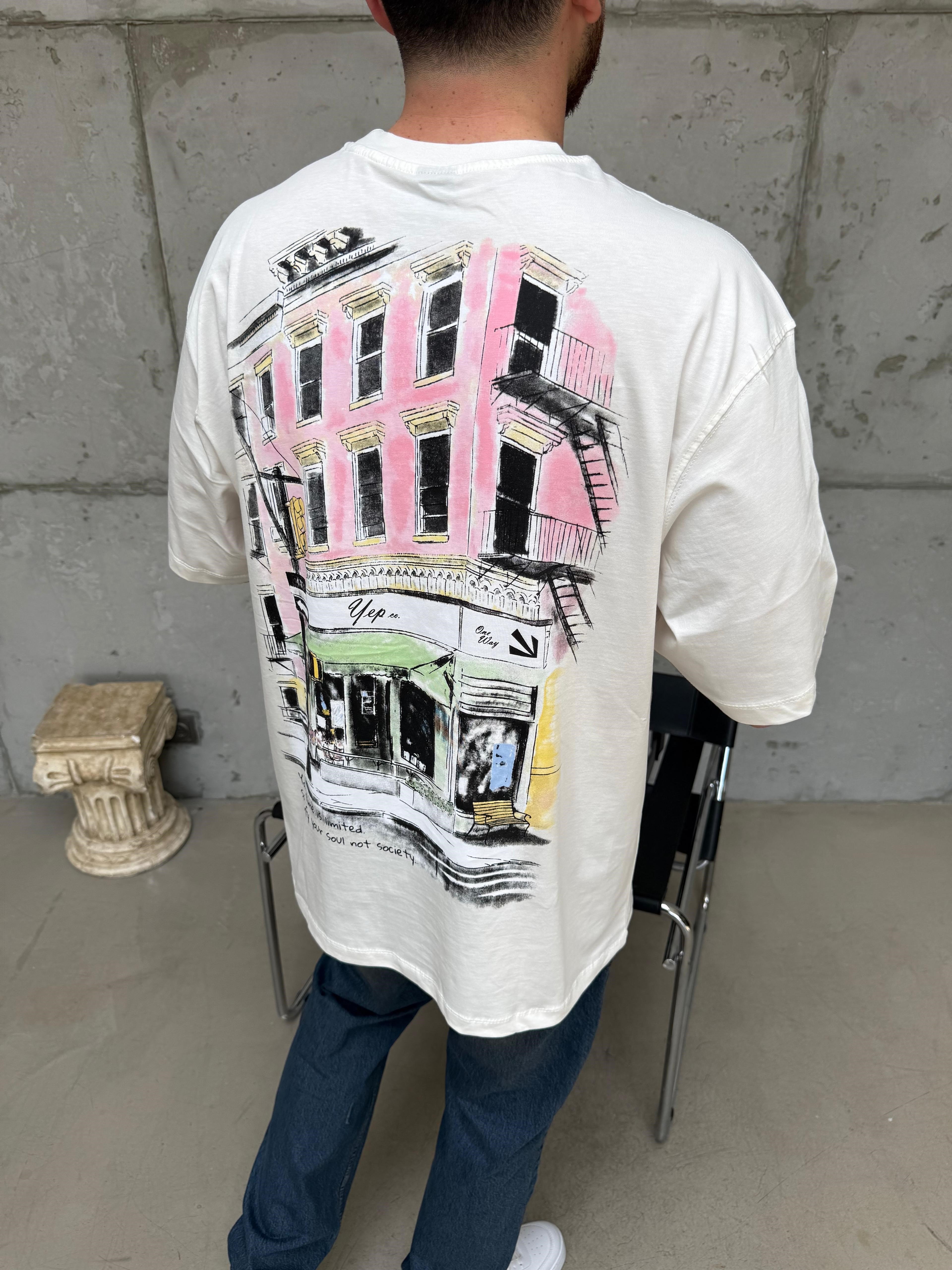 Şehir Baskı Oversize T-Shirt Beyaz