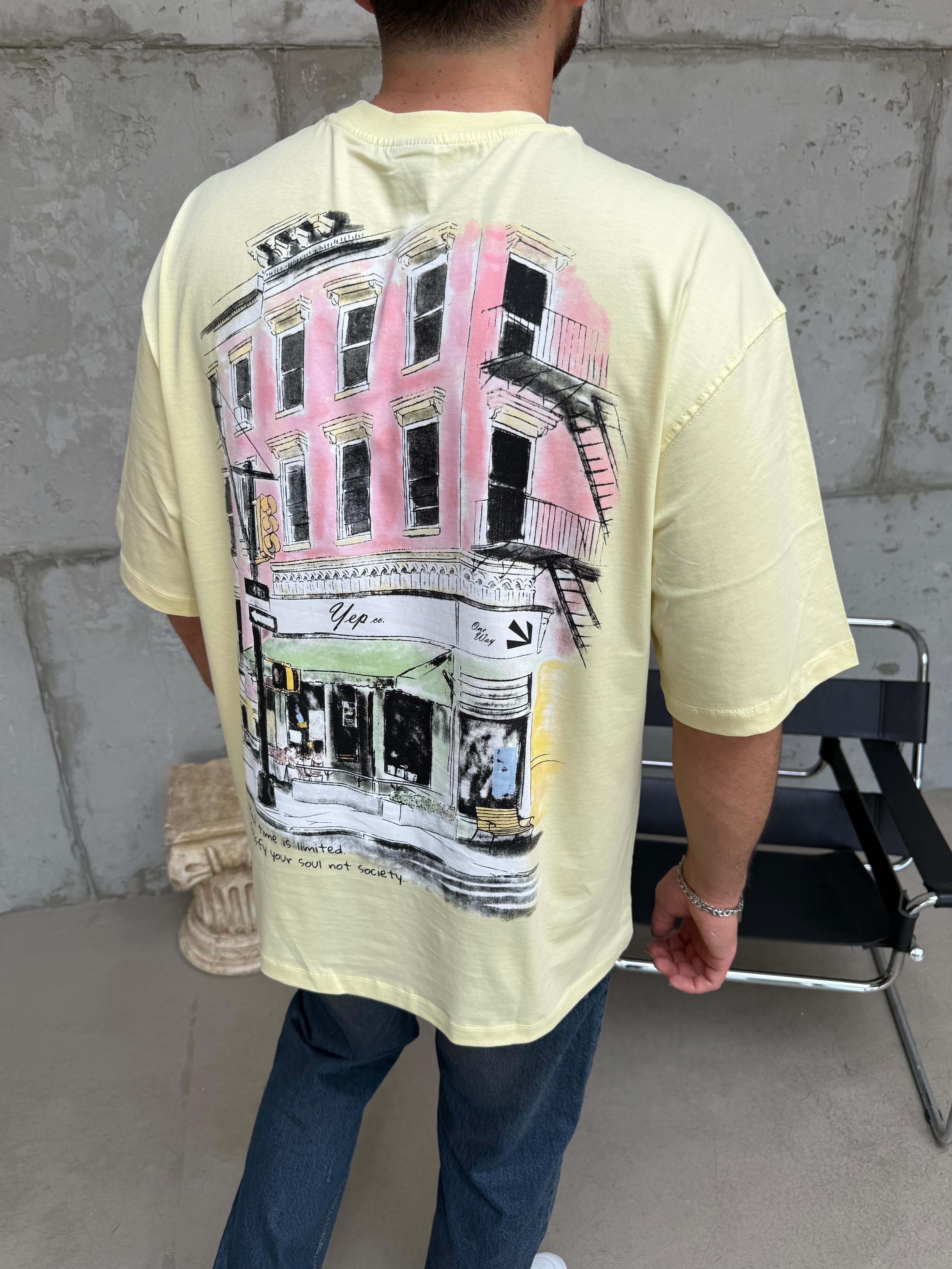 Şehir Baskı Oversize T-Shirt Sarı