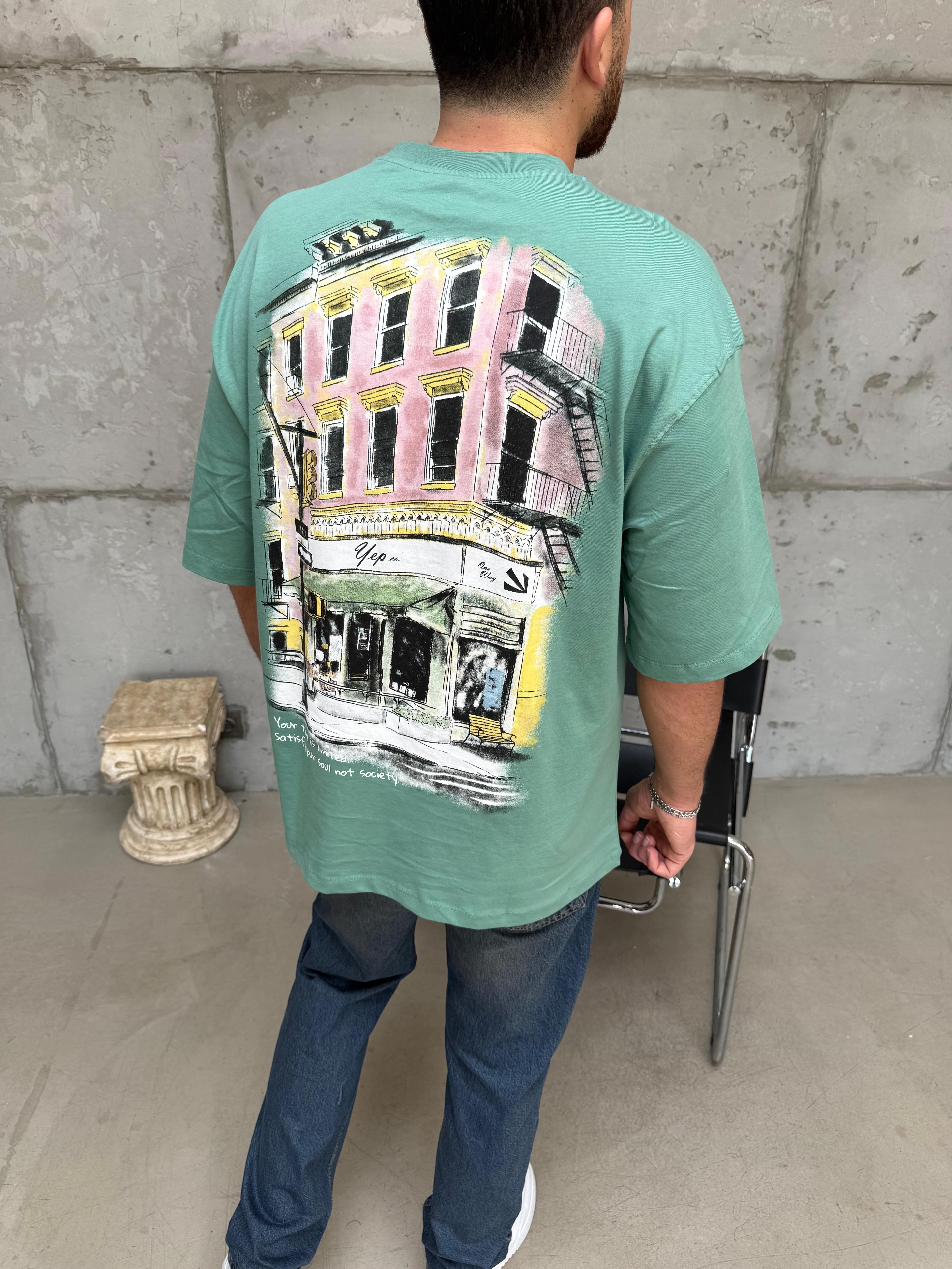 Şehir Baskı Oversize T-Shirt Yeşil