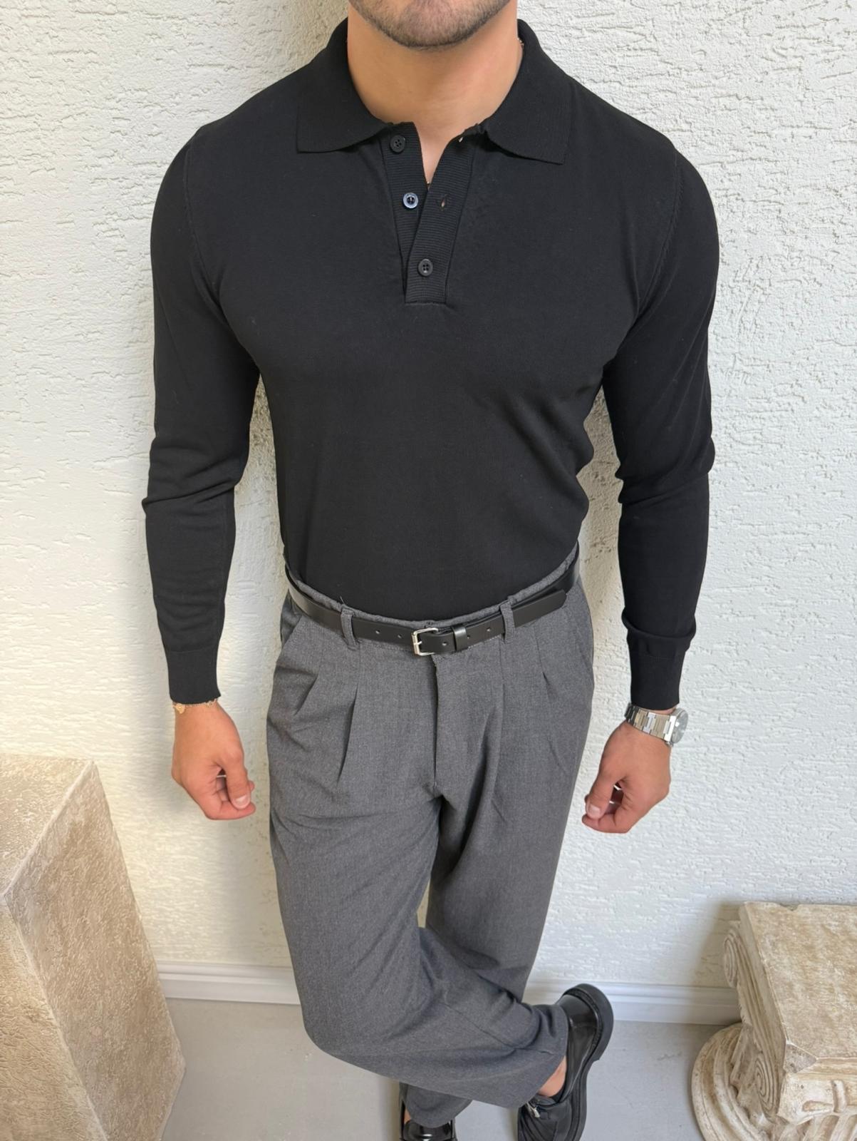 Siyah Basic Polo Yaka Triko