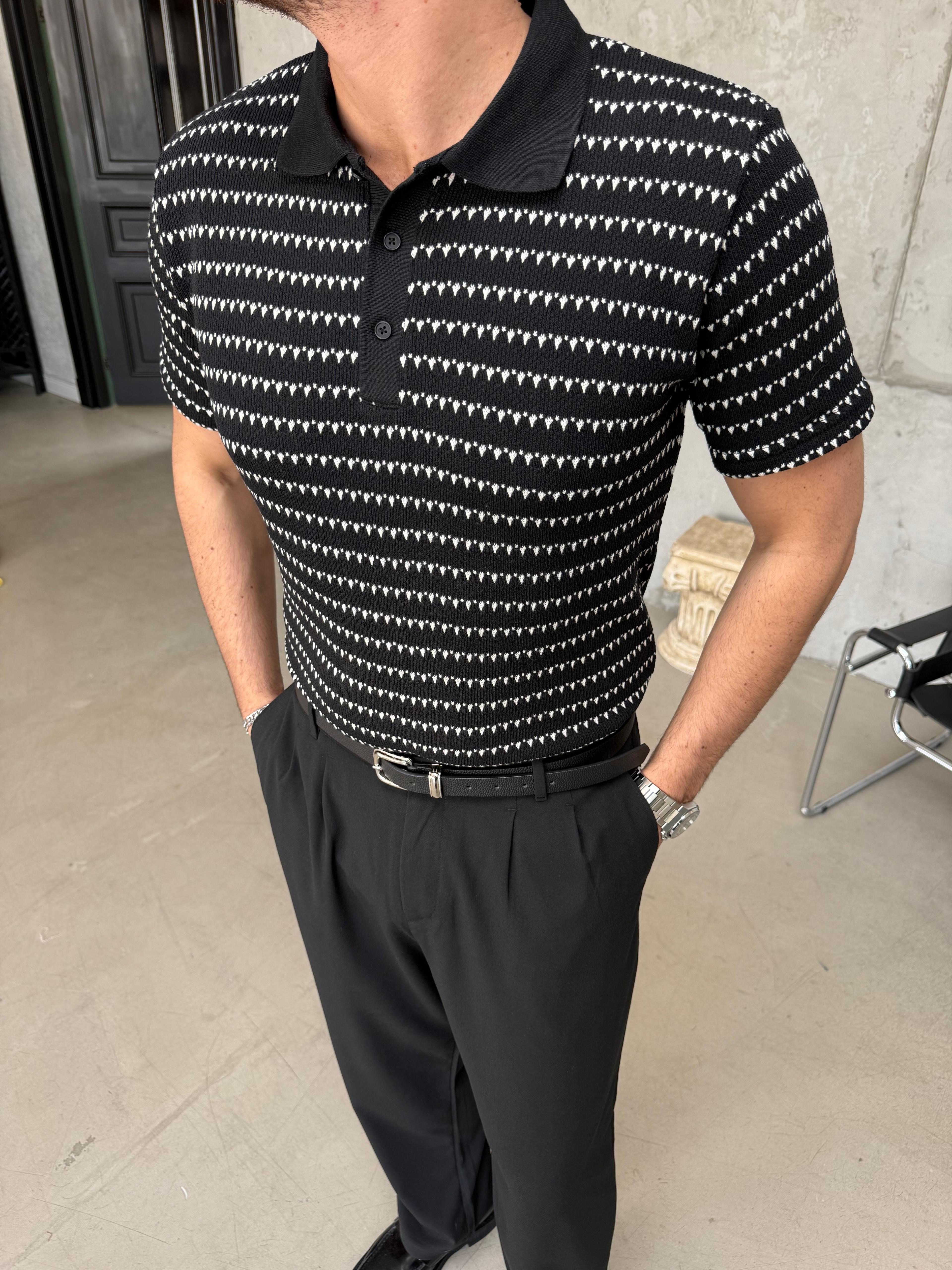 Siyah Desenli Polo Yaka T-Shirt