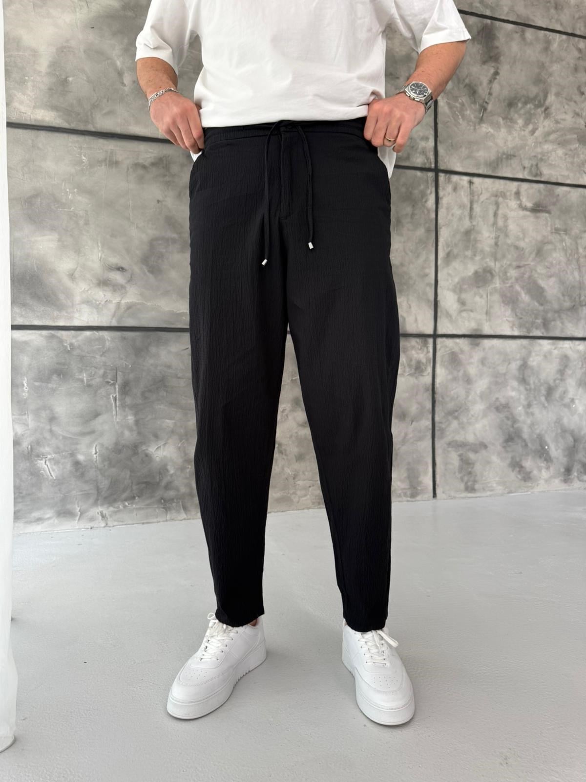 Siyah Gofre Kumaş Boyfriend Jogger
