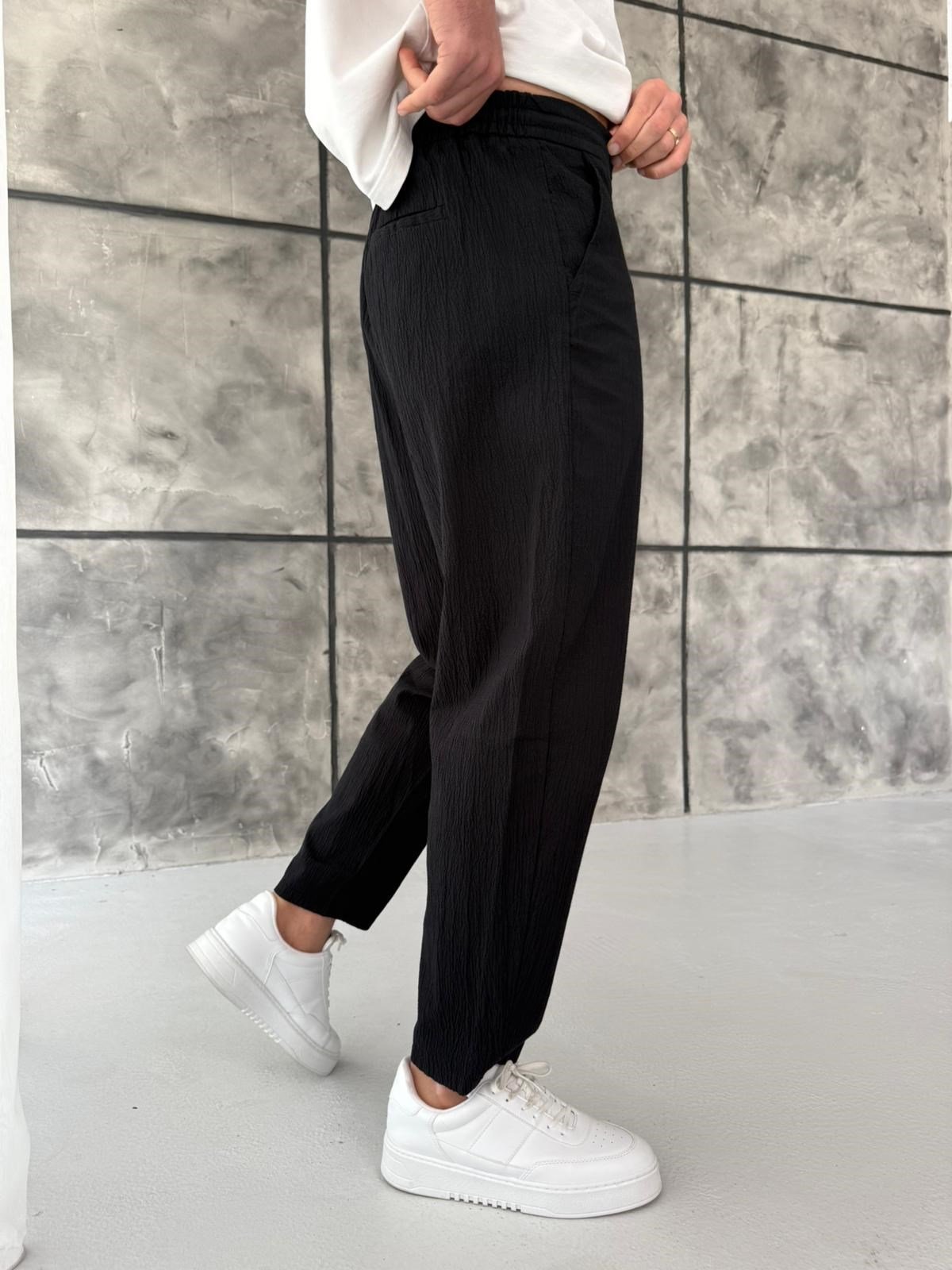 Siyah Gofre Kumaş Boyfriend Jogger