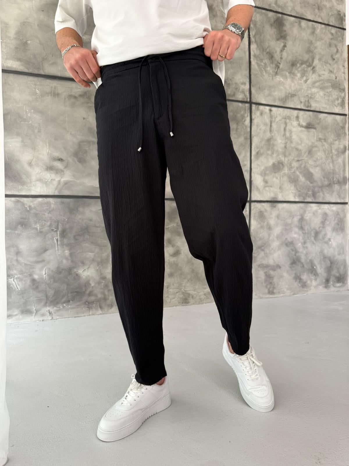 Siyah Gofre Kumaş Boyfriend Jogger