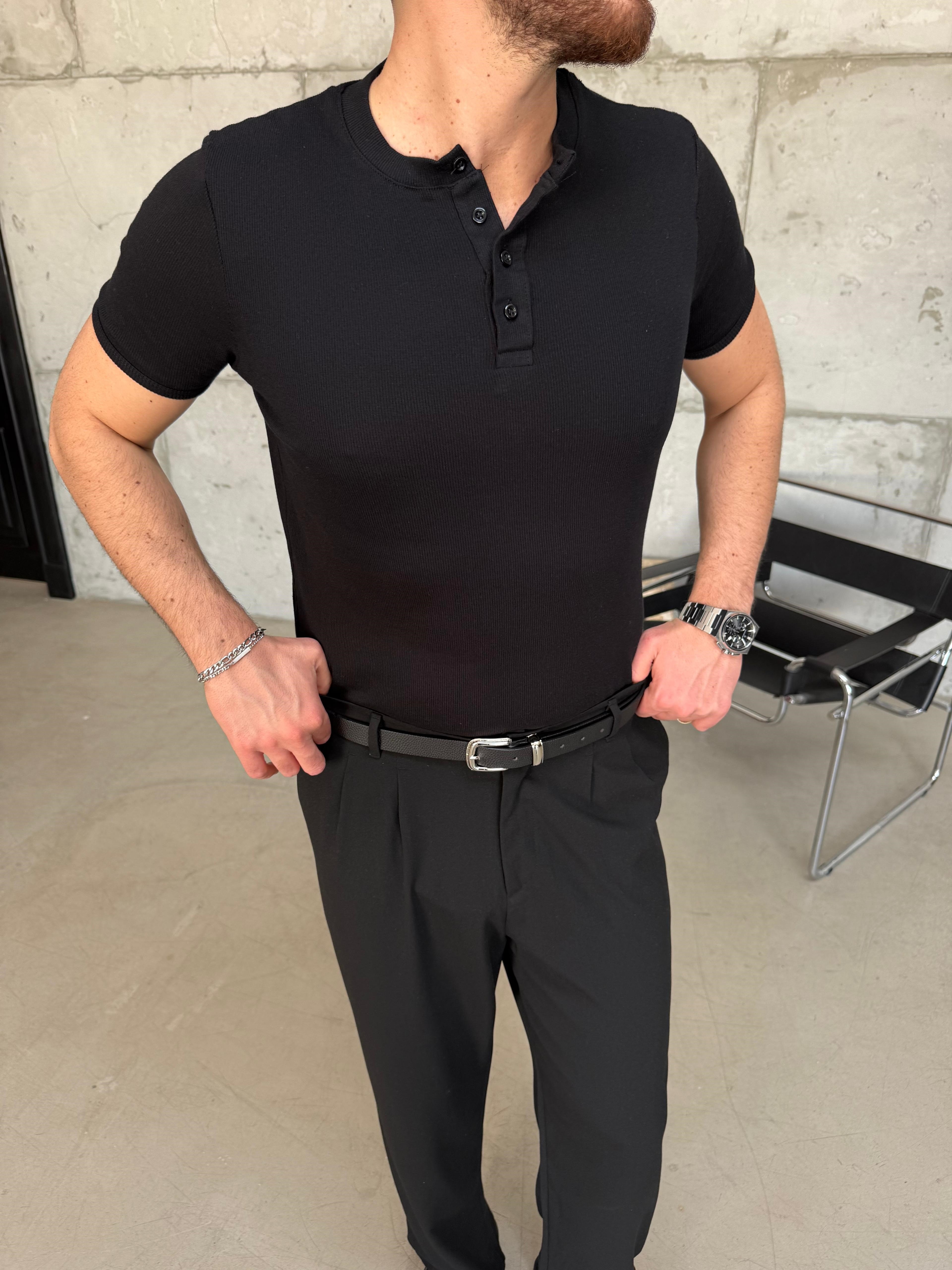 Siyah Henley Yaka Slimfit Fitilli T-Shirt