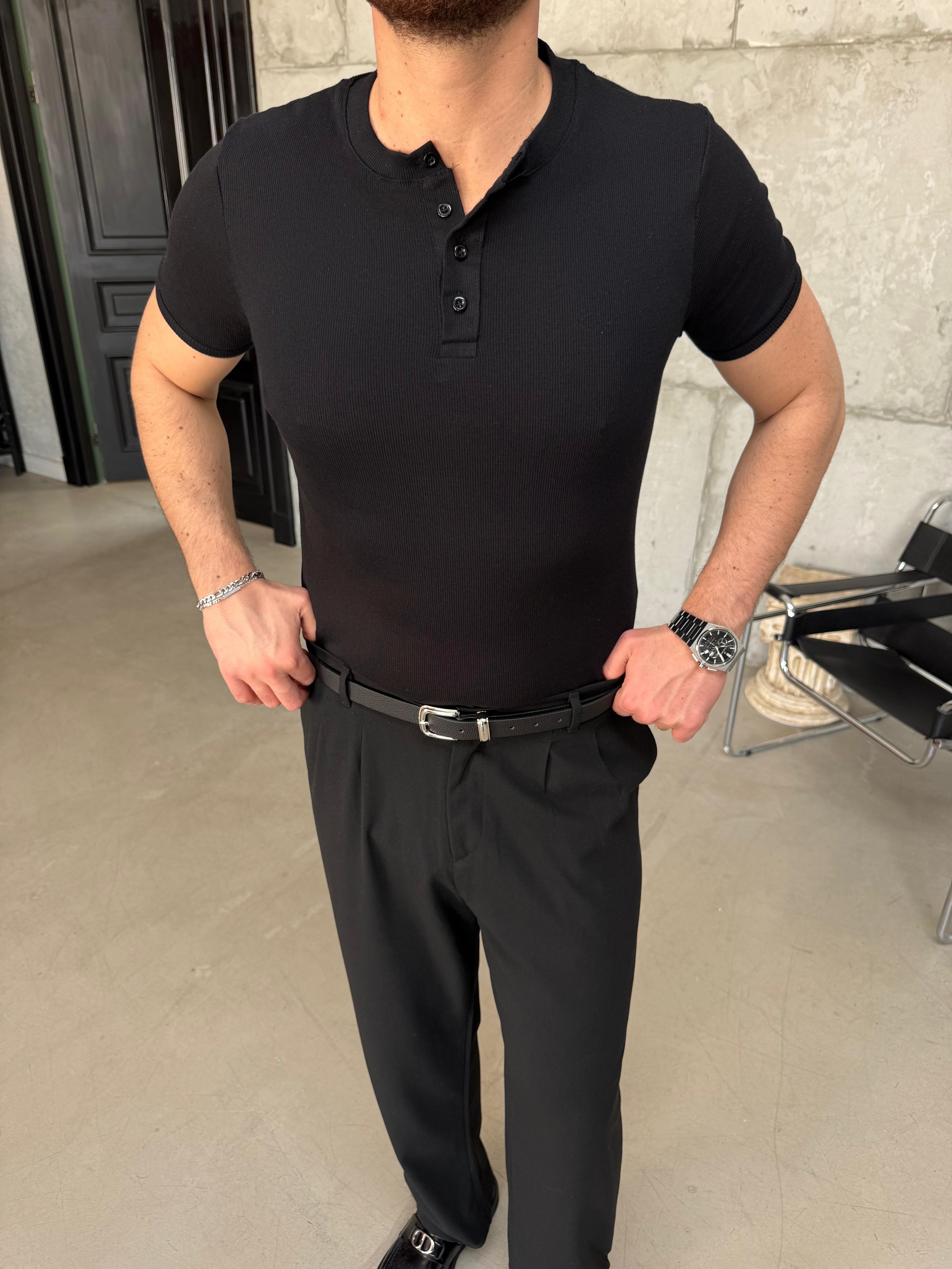 Siyah Henley Yaka Slimfit Fitilli T-Shirt