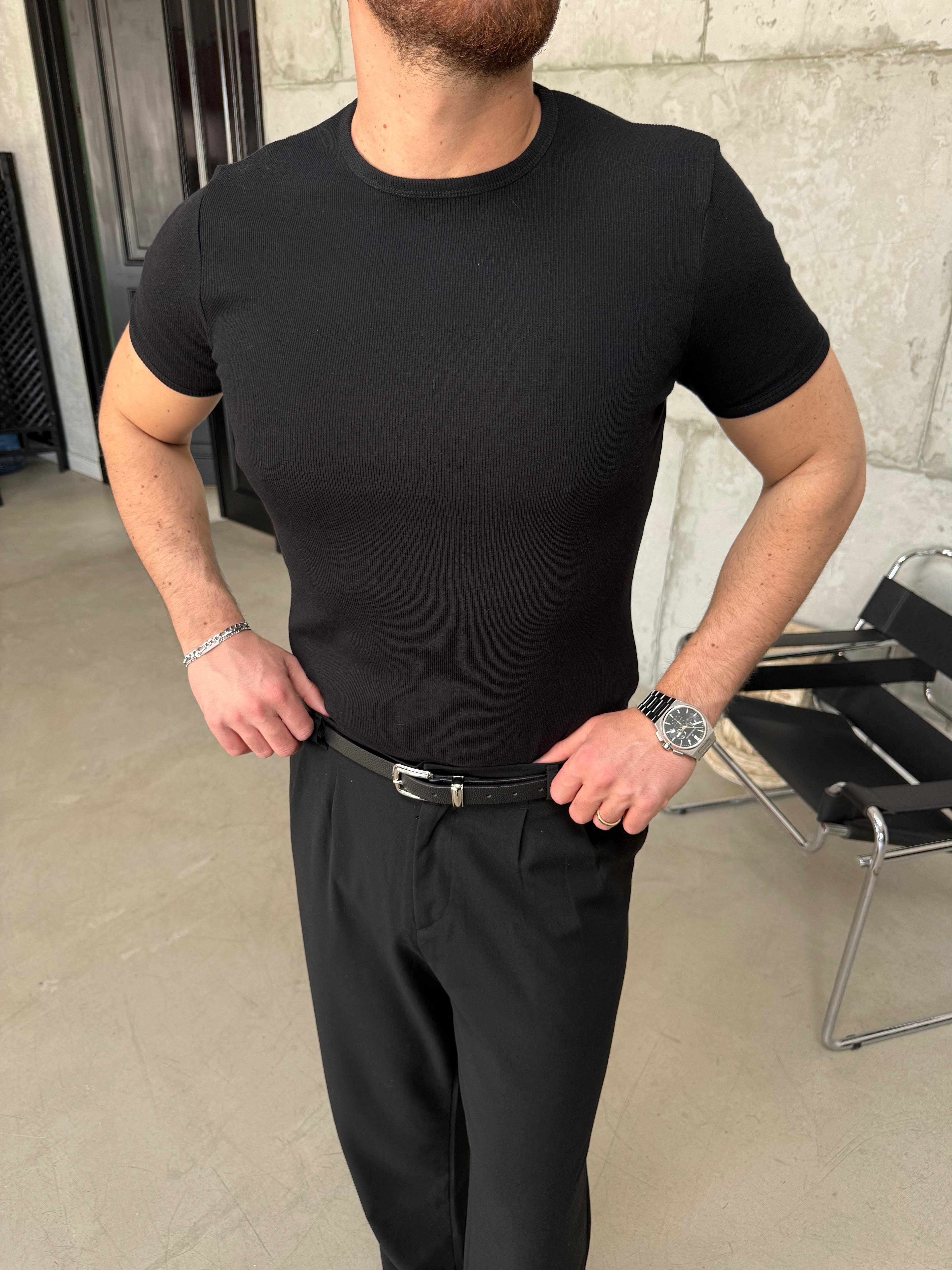 Siyah İnce Fitilli Slim Bisiklet Yaka T-Shirt
