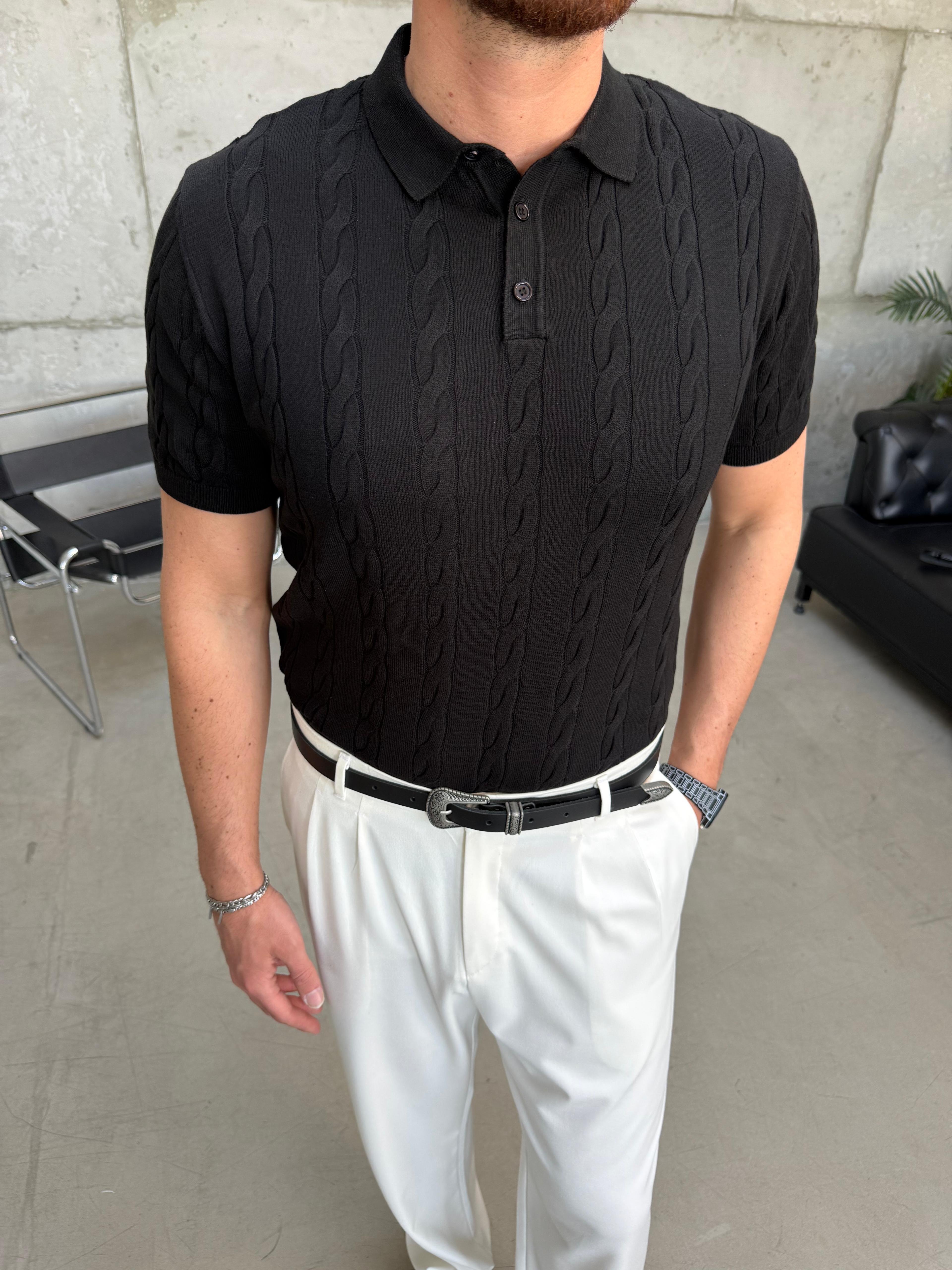 Siyah Örgü Triko Polo Yaka T-Shirt