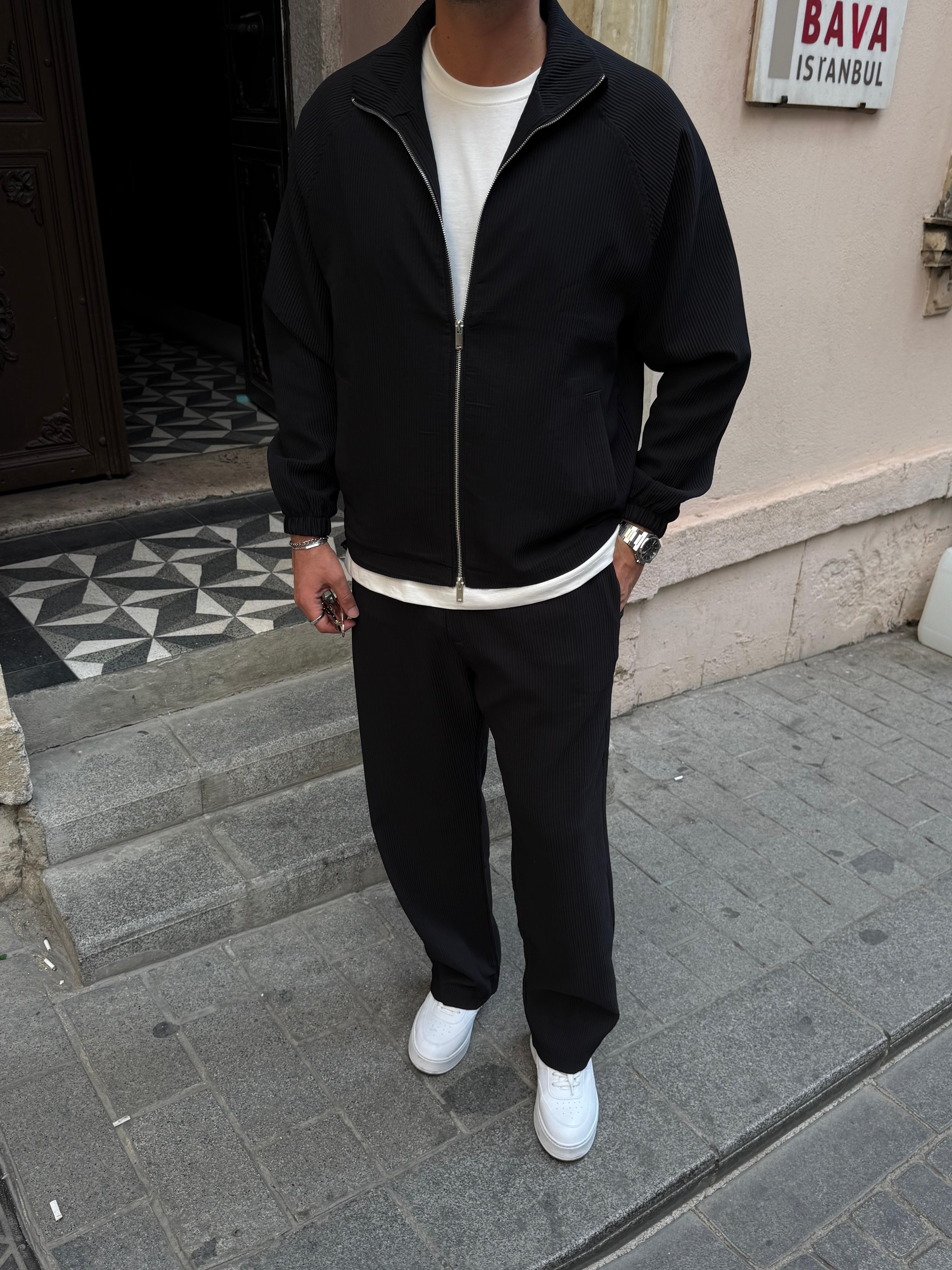 Siyah Oversize Fitilli Ceket Pantolon