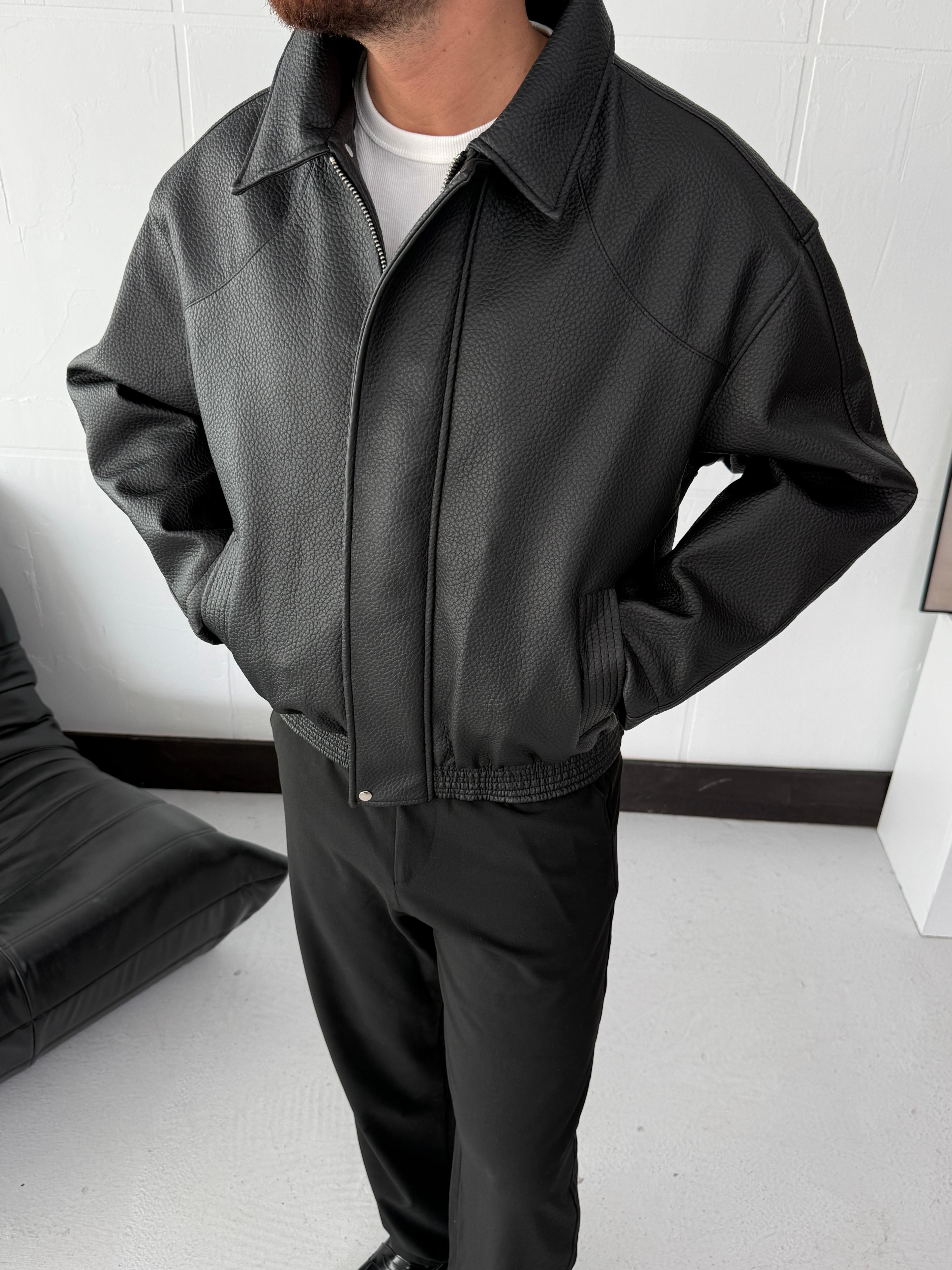 Siyah Oversize Retro Deri Ceket