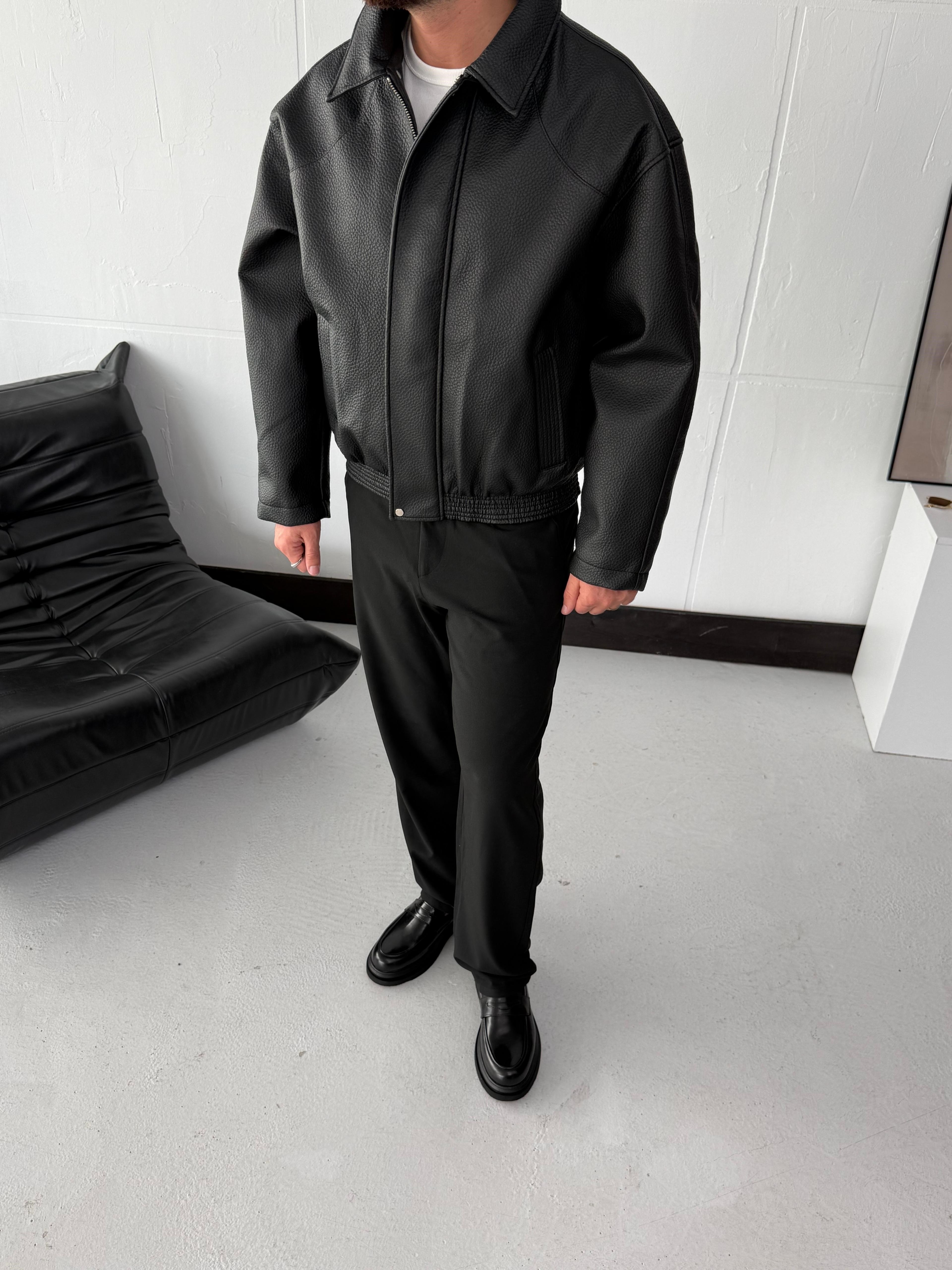 Siyah Oversize Retro Deri Ceket