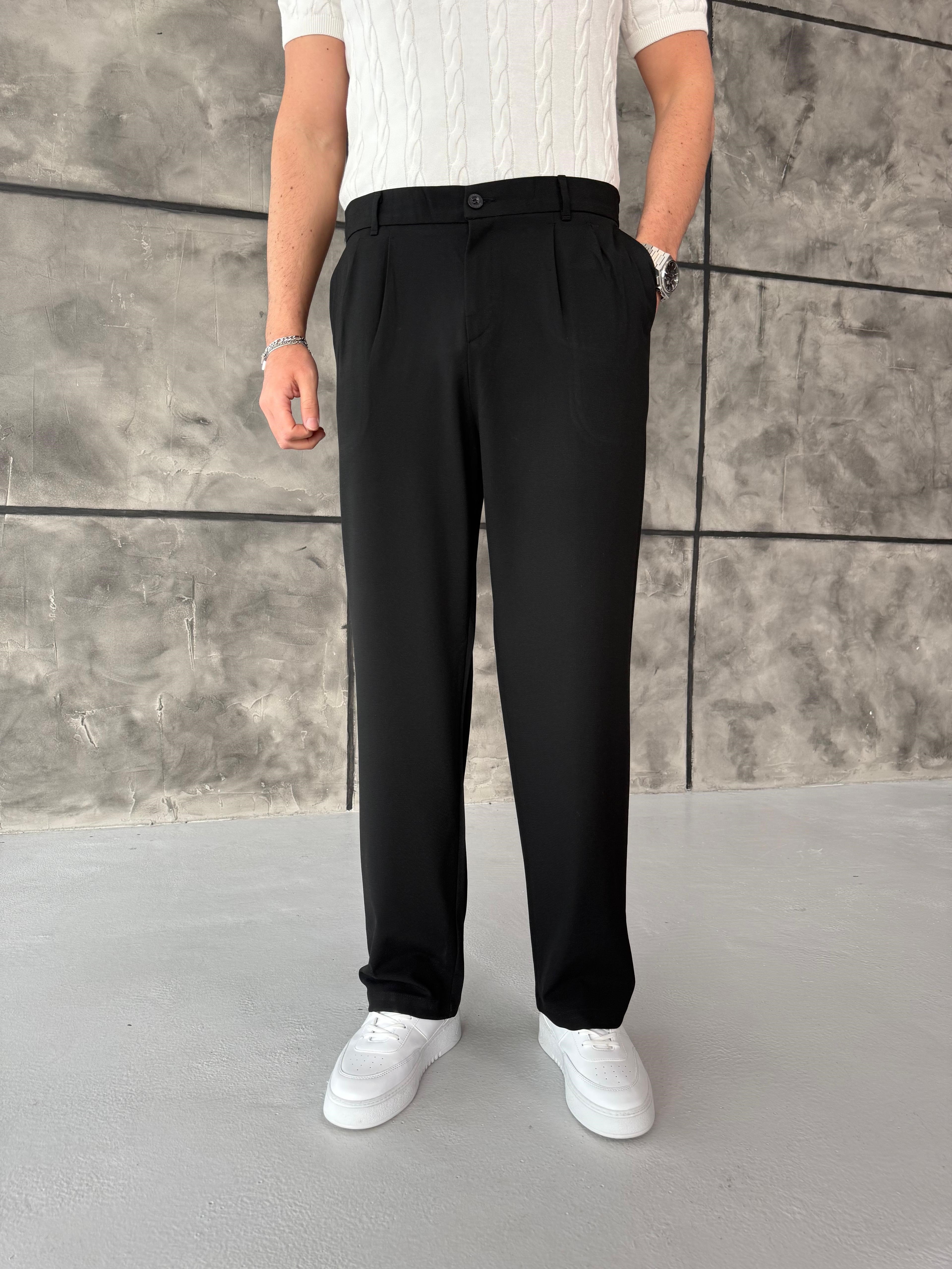 Siyah Pileli Baggy Kumaş Pantolon