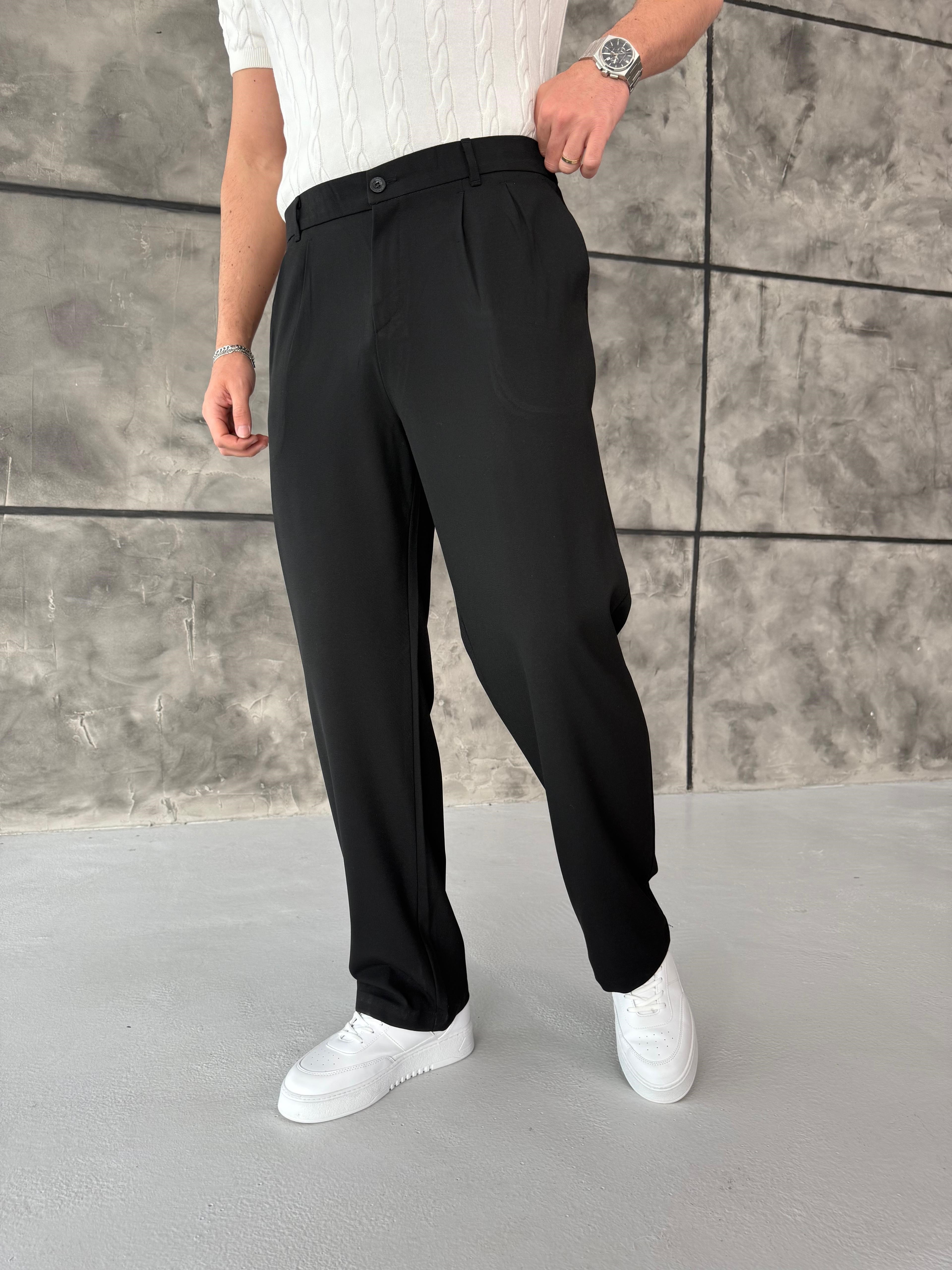 Siyah Pileli Baggy Kumaş Pantolon