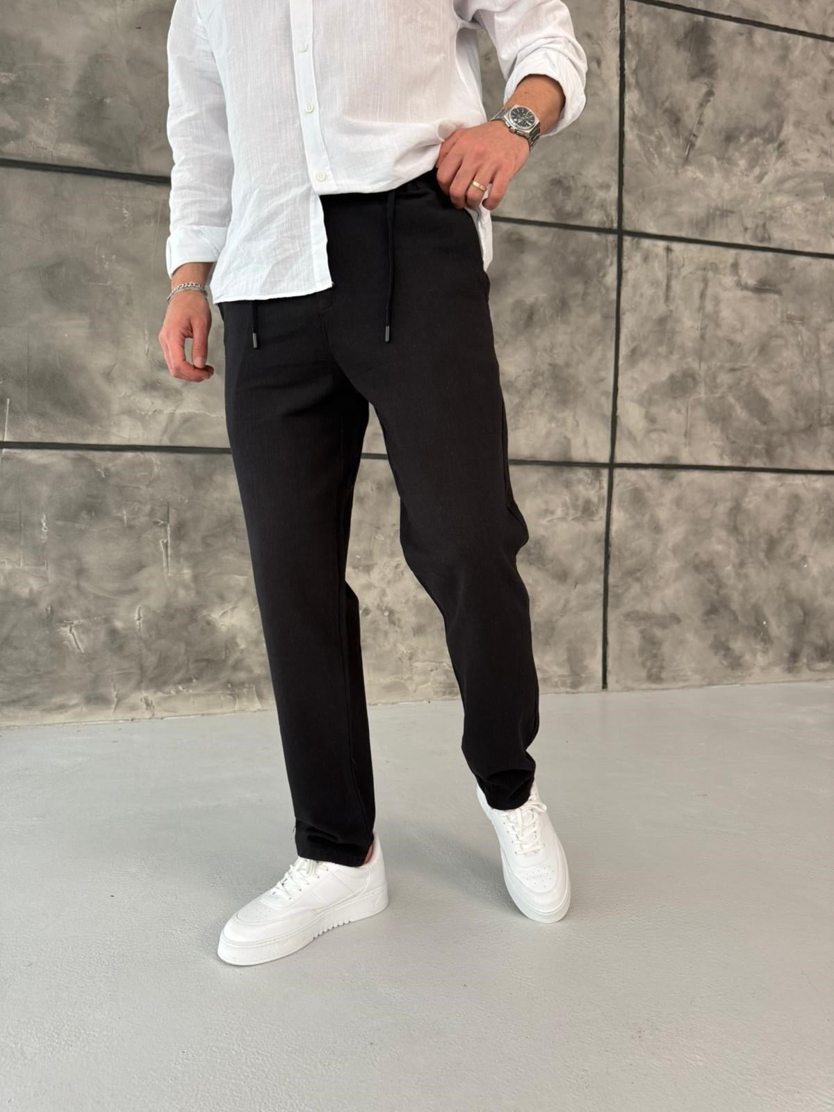 Siyah Regular Fit Keten Pantolon