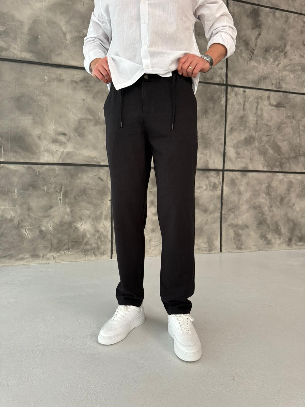 Siyah Regular Fit Keten Pantolon