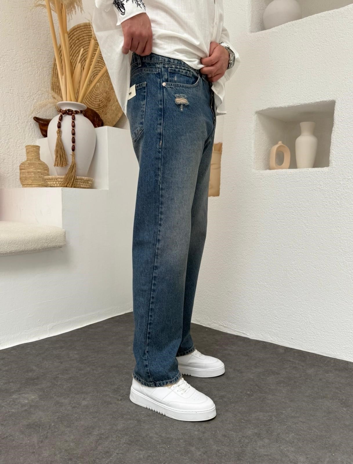 Yıkamalı Lazerli Baggy Jean