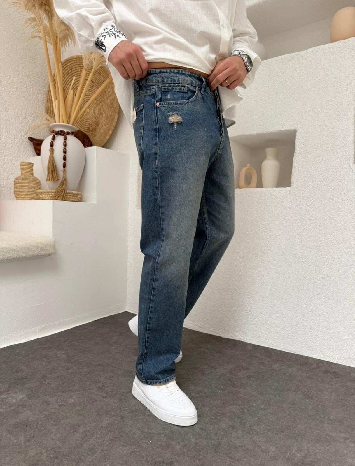 Yıkamalı Lazerli Baggy Jean