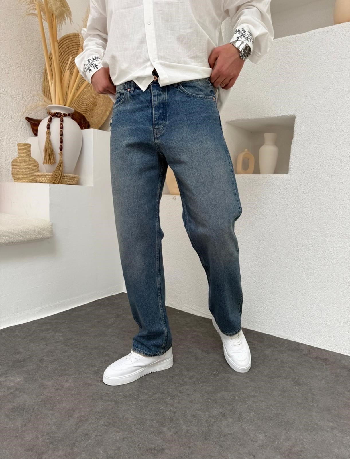 Yıkamalı Lazerli Baggy Jean