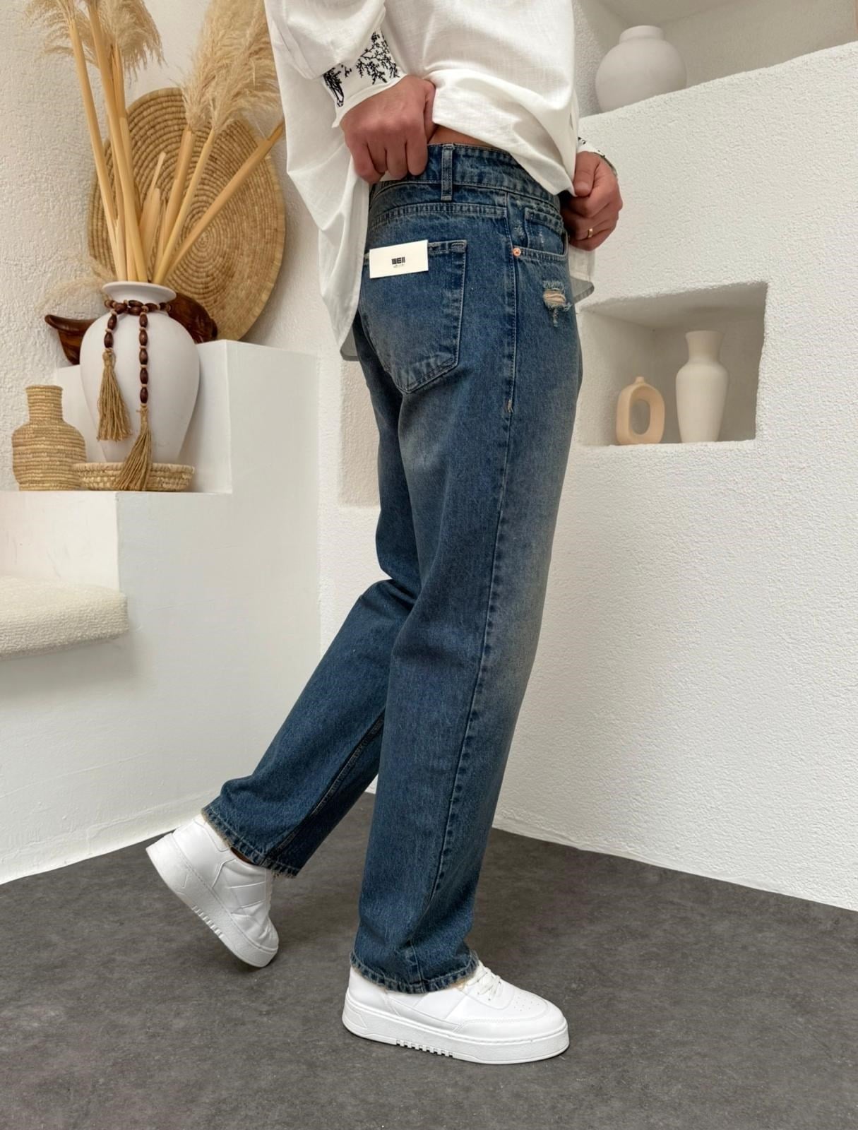 Yıkamalı Lazerli Baggy Jean